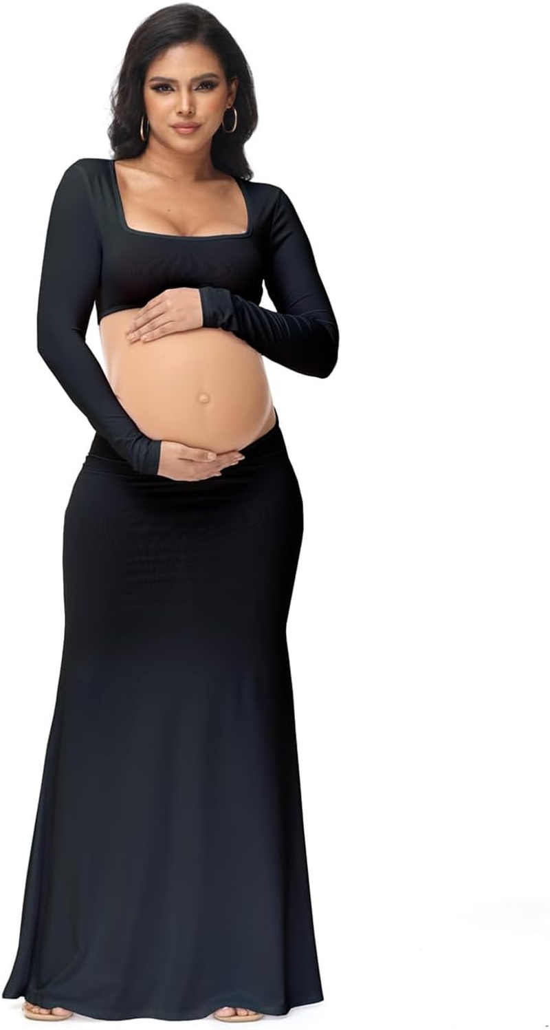 Justvh Maternity Dress for Photoshoot Solid Cut Out Backless Long Sleeve Maxi Photography Pregnancy Dress for Women