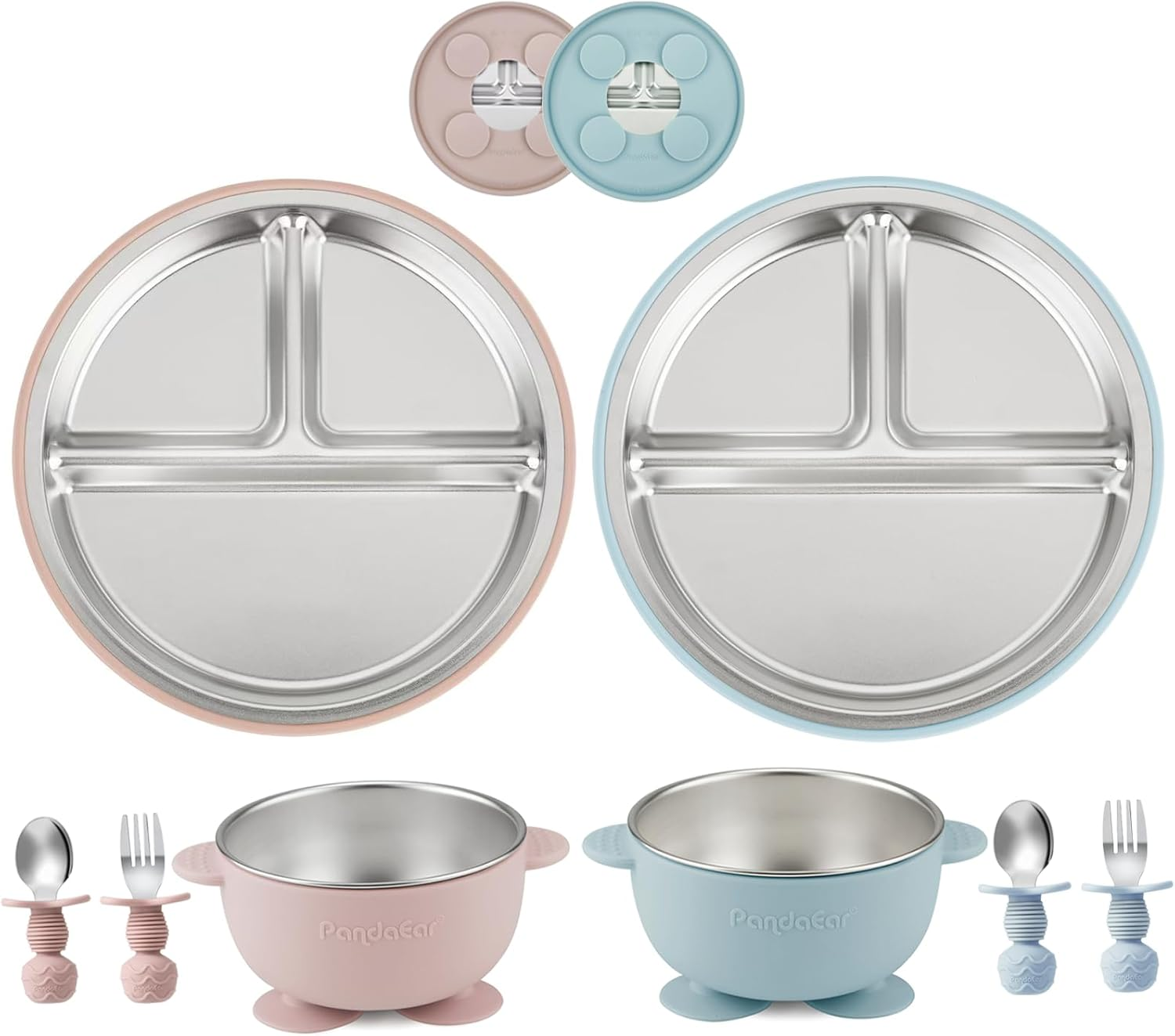 Pandaear 8PCS Baby Feeding Set | Stainless Steel Suction Plates and Bowls with Silicone Fork and Spoon Utensils | Baby Led Weaning Tableware for Toddlers & Kids (Pink & Blue) image number 4