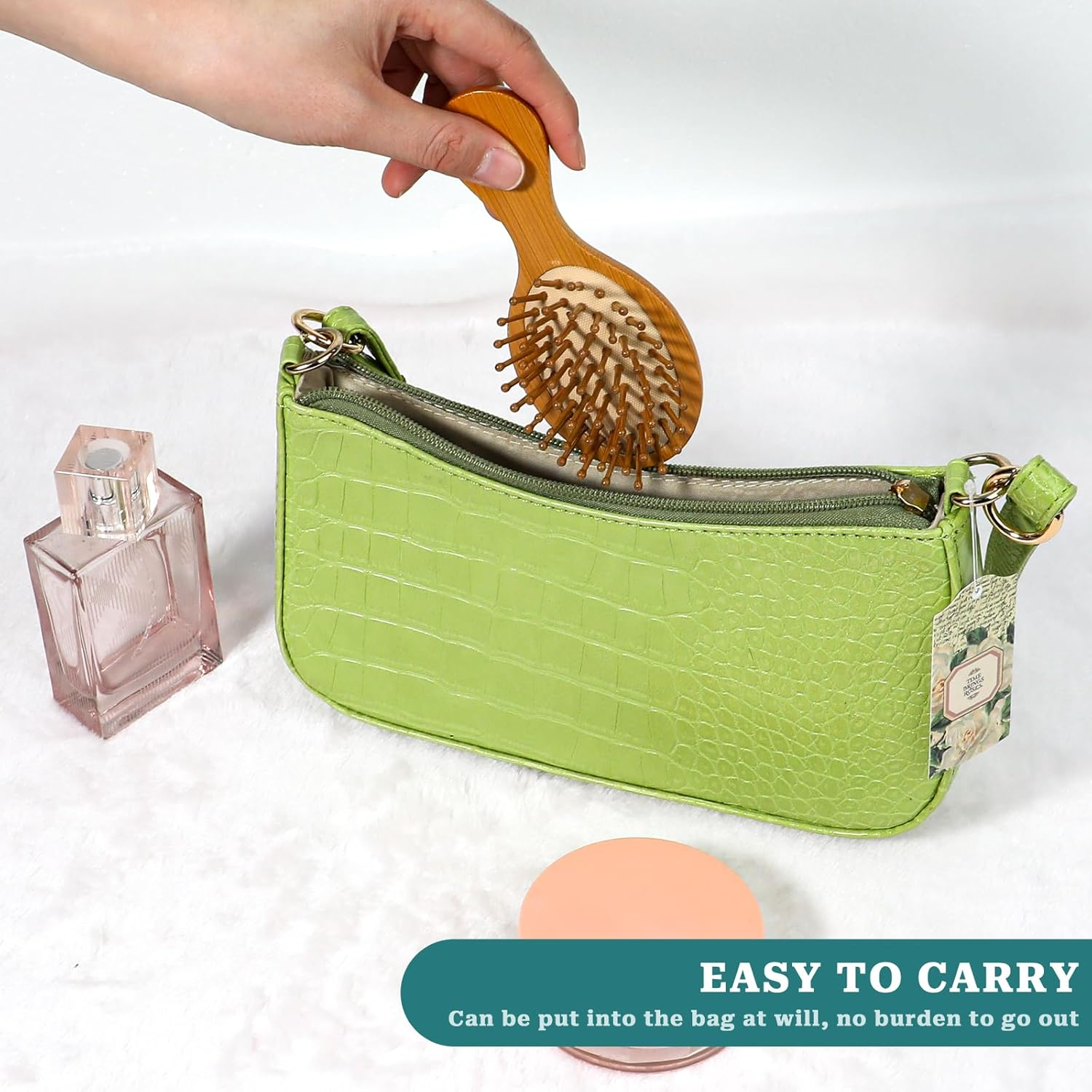 Mozeat Lens Small Bamboo Brush for Hair Growth, Natural Wooden Scalp Brush Mini Hair Scalp Massager Detangling Hairbrush for Women,With Handle Design and Anti-Static round Wood Pins