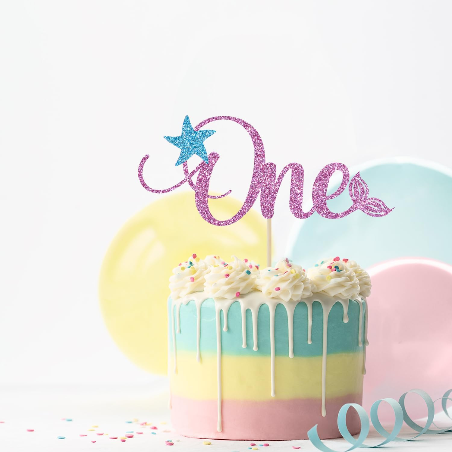 Mermaid One Cake Topper, Baby Girl 1St Birthday Decorations, under the Sea, Mermaid Themed Baby Shower First Birthday Party Decorations, Pink Glitter image number 1