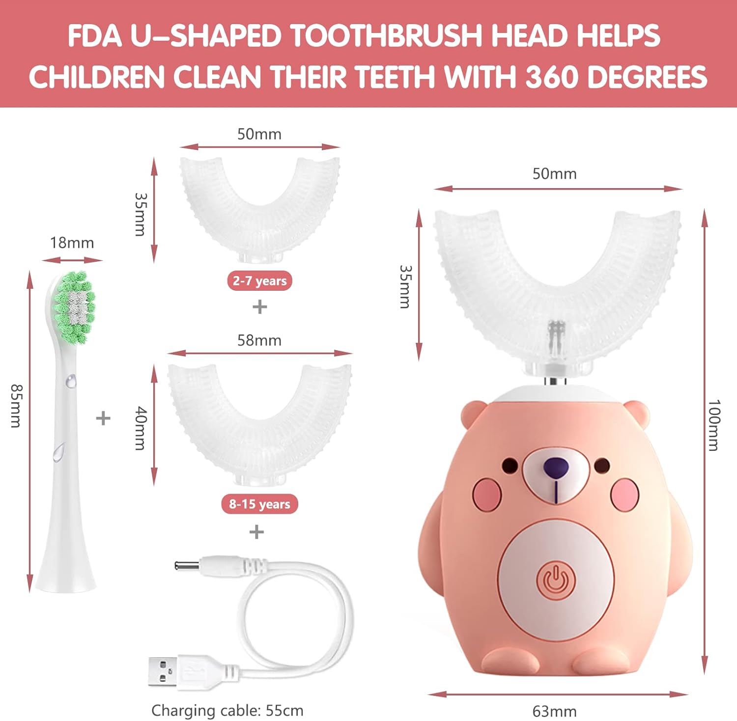KORNIFUL U Shaped Electric Toothbrush for Age 2-12 Kids, Whole Mouth Toddlers Toothbrush with 6 Brushing Modes, U Shaped Toothbrush of 360&deg; Oral Cleaning for Girl 2-15 Years Old, Little Bear, Pink image number 2