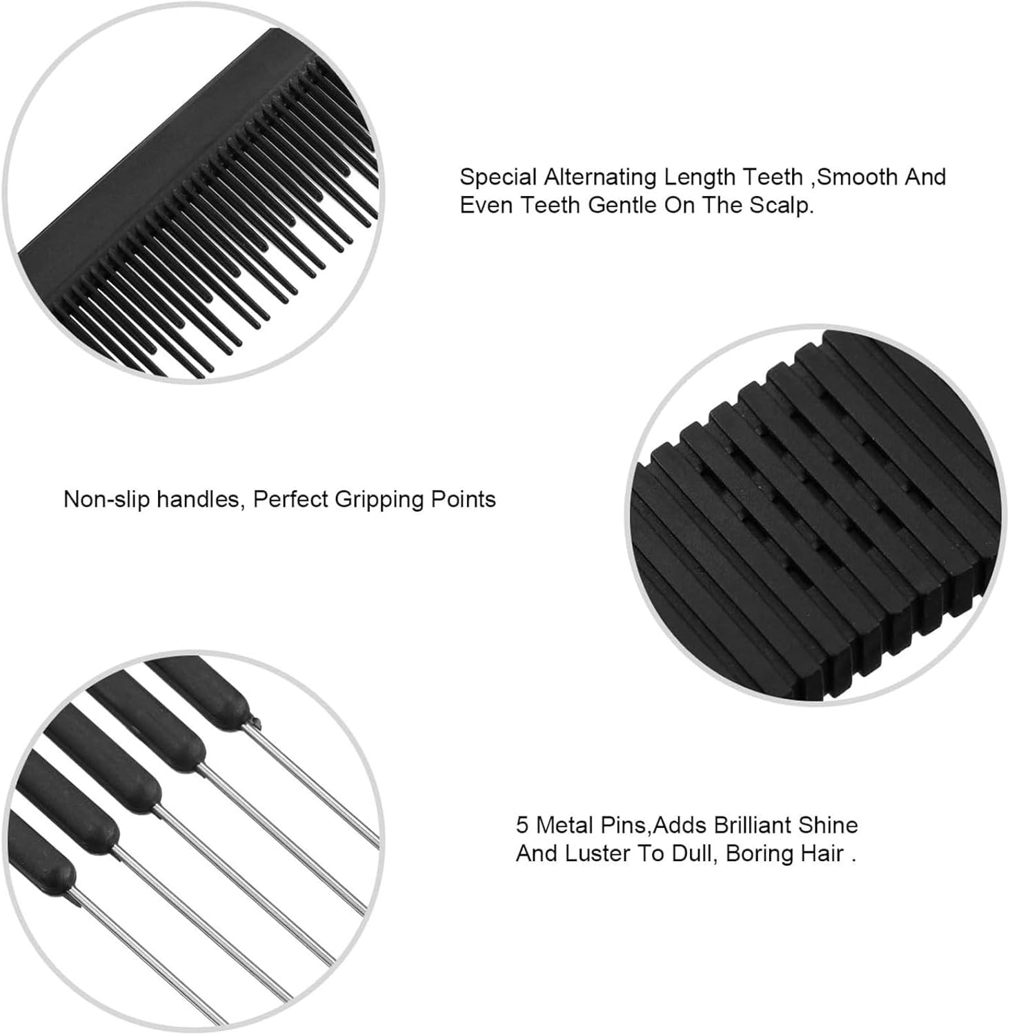 Kzvsiy 4-Pack Black Carbon Teasing Combs with Metal Prongs, Salon-Grade Lift and Back Combs for Styling, Volume, and Precision, Durable Carbon Combs with Stainless Steel Lifts image number 3