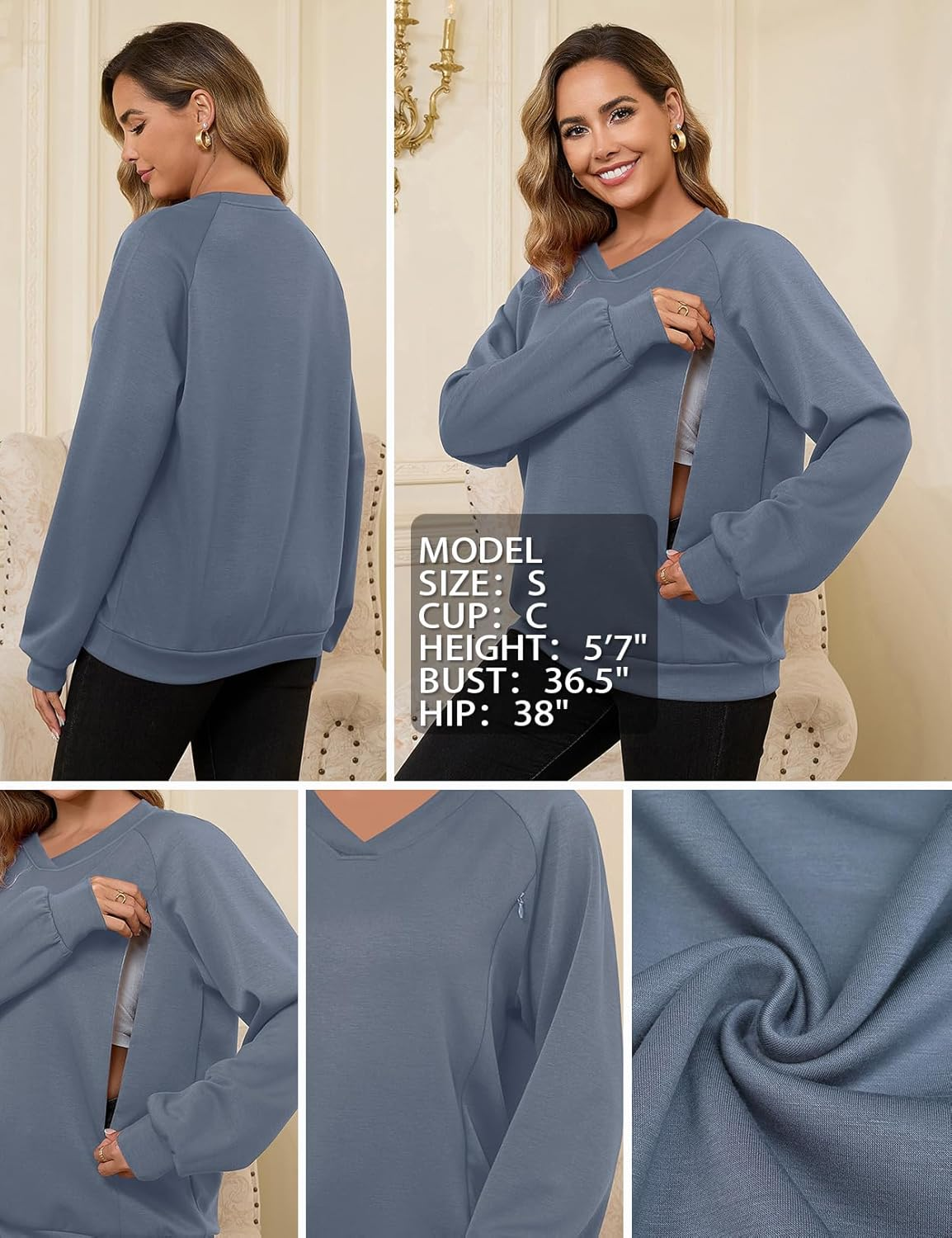 Bhome Nursing Sweatshirt Long Sleeve V Neck Breastfeeding Shirts Zipper Maternity Pumping Tops Pregnancy Sweater Pullover image number 2