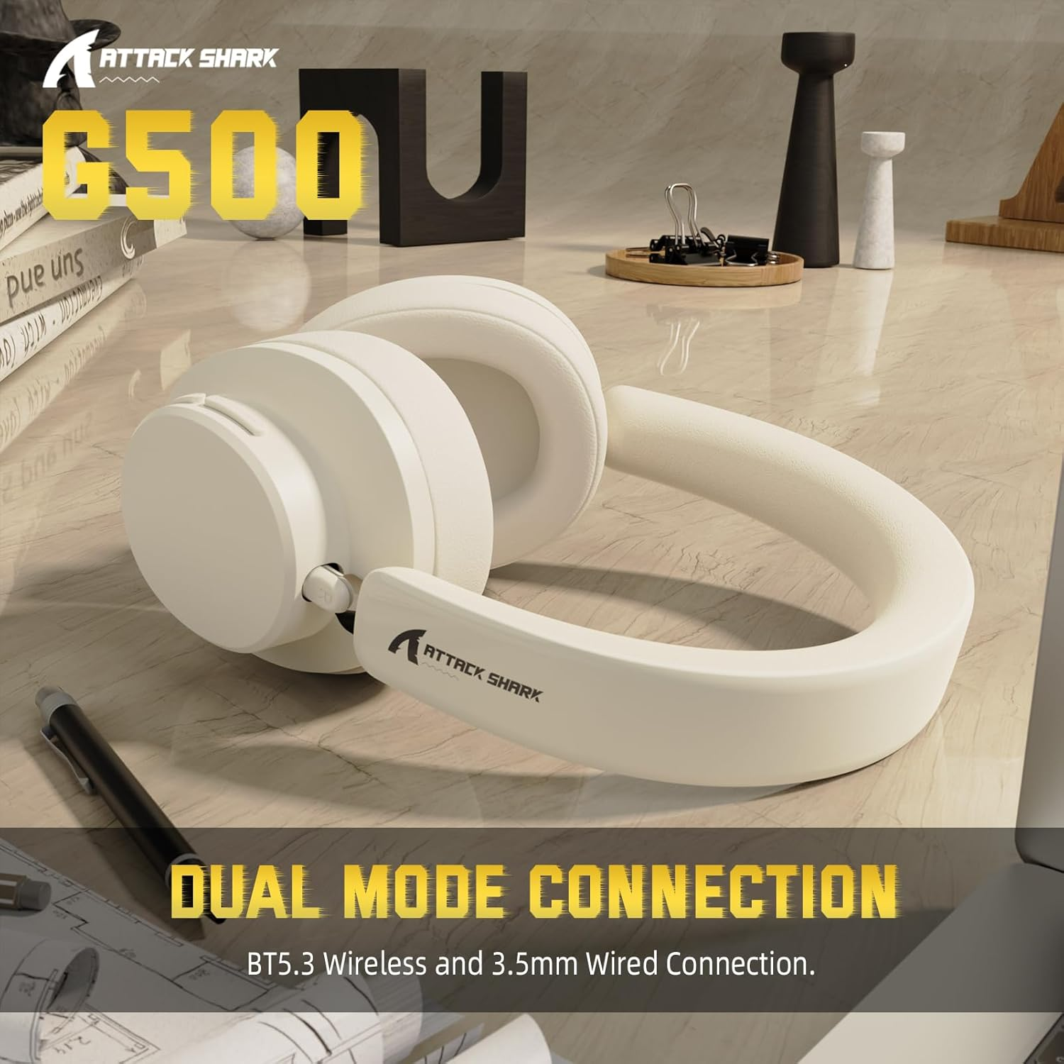 ATTACK SHARK G500 Active Noise Cancelling Wireless Headphone, over Ear Bluetooth Headset with Built-In Mic, BT5.3 & 3.5MM Wired Dual Mode, Lightweight Foldable, On-Ear Style for Home/Office - Beige image number 3