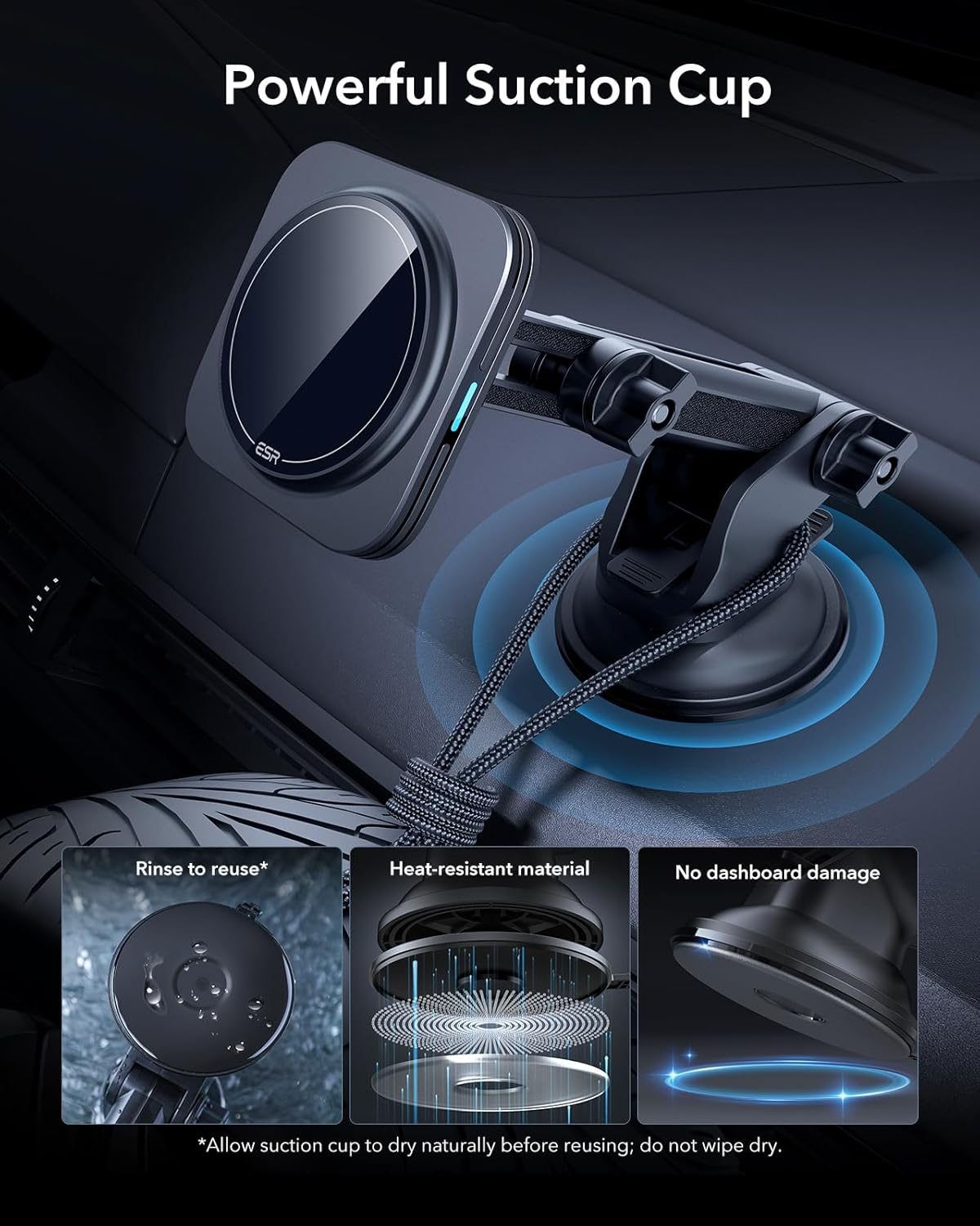 ESR for 15W Magsafe Car Mount Charger, Magsafe Car Charger, Dashboard/Windshield Magnetic Wireless Car Charger, Car Phone Mount for Iphone 17/16/15/14/Google Pixel 10/S25,Fast Charging, Black image number 4