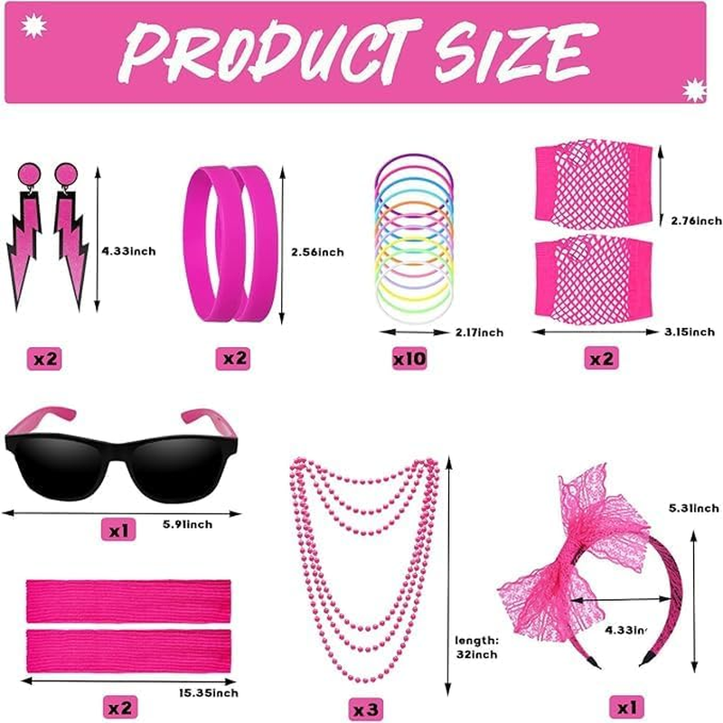 80S Fancy Dress for Women,1980S Costume Accessories Set with Leg Warmers Lace Bow Headband Necklace Bracelets Fishnet Gloves 80S Earrings Sunglasses, 80S Fancy Dress for Women image number 2