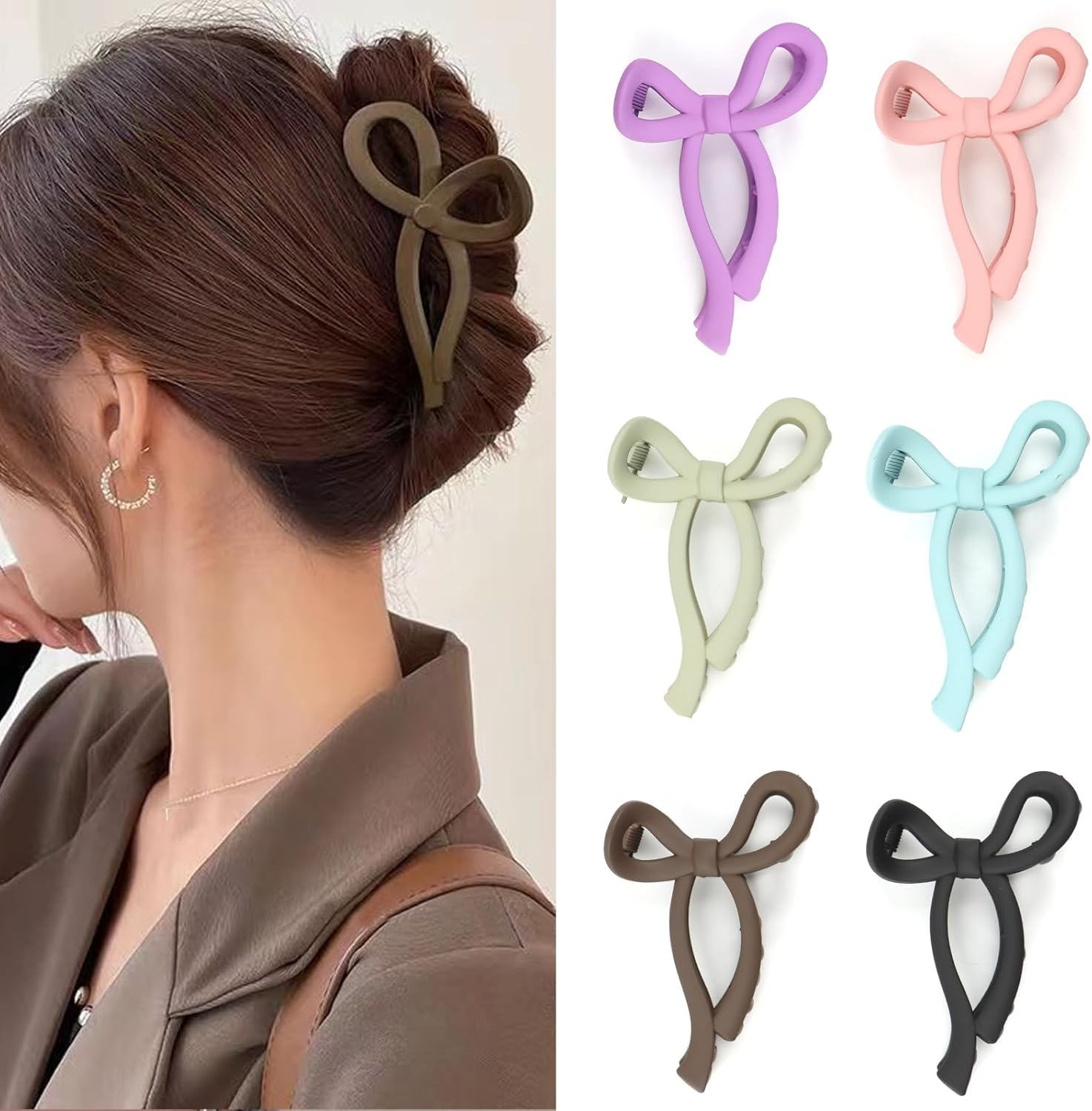 QEEYON Large Hair Claw Clips for Thick and Thin Long Hair 3.94 Inch(10 Cm) Pack of 6 Matte Bow Claw Clips for Women Fashion Hair Styling Accessories Hair Clips image number 3