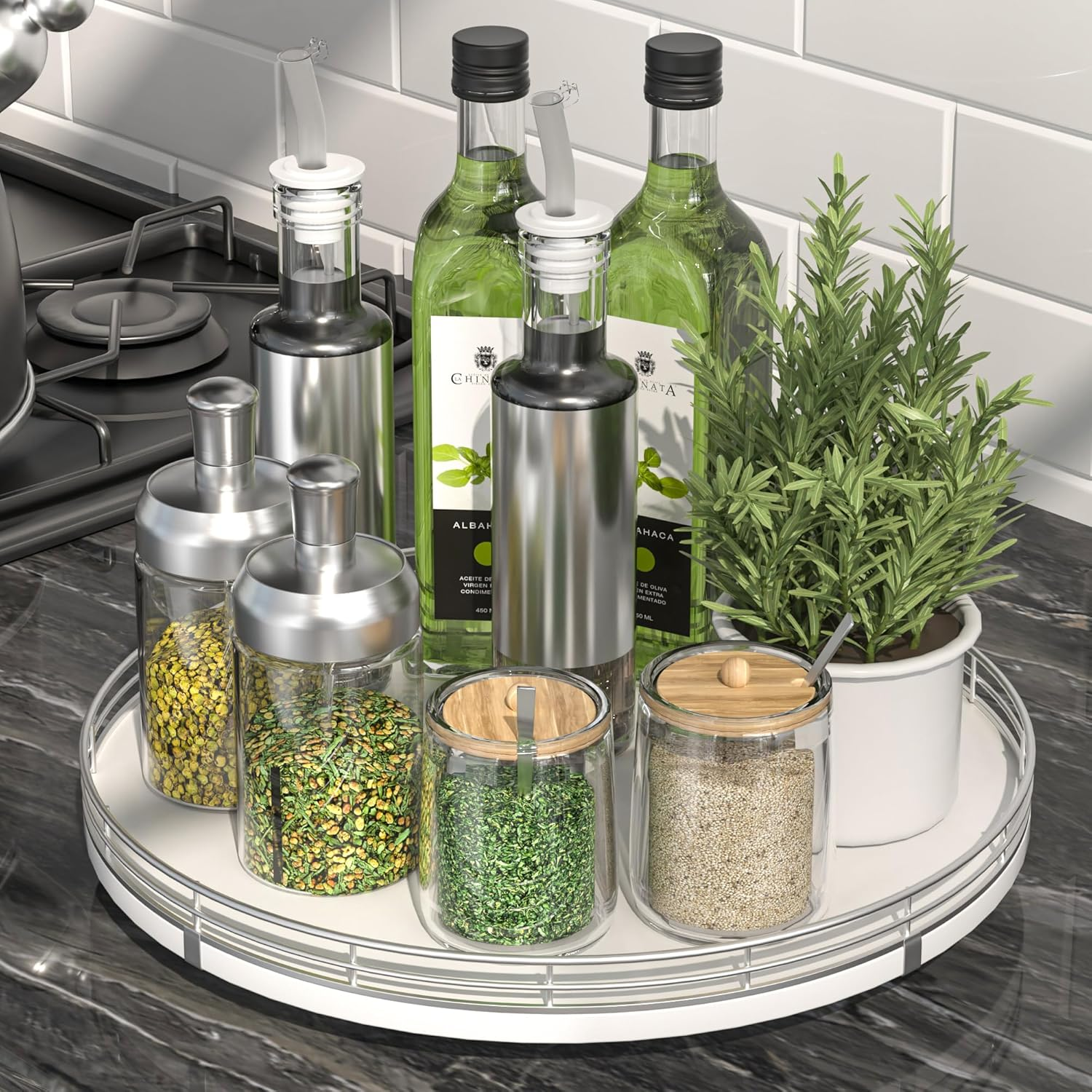 13" Gold Lazy Susan for Table Top, Oak Wood Lazy Susan Turntable Organizer for Dining Coffee Table Centerpiece Bar Decor Kitchen Countertop Bathroom Vanity Decorative Tray for Perfume Jewelry Round image number 6