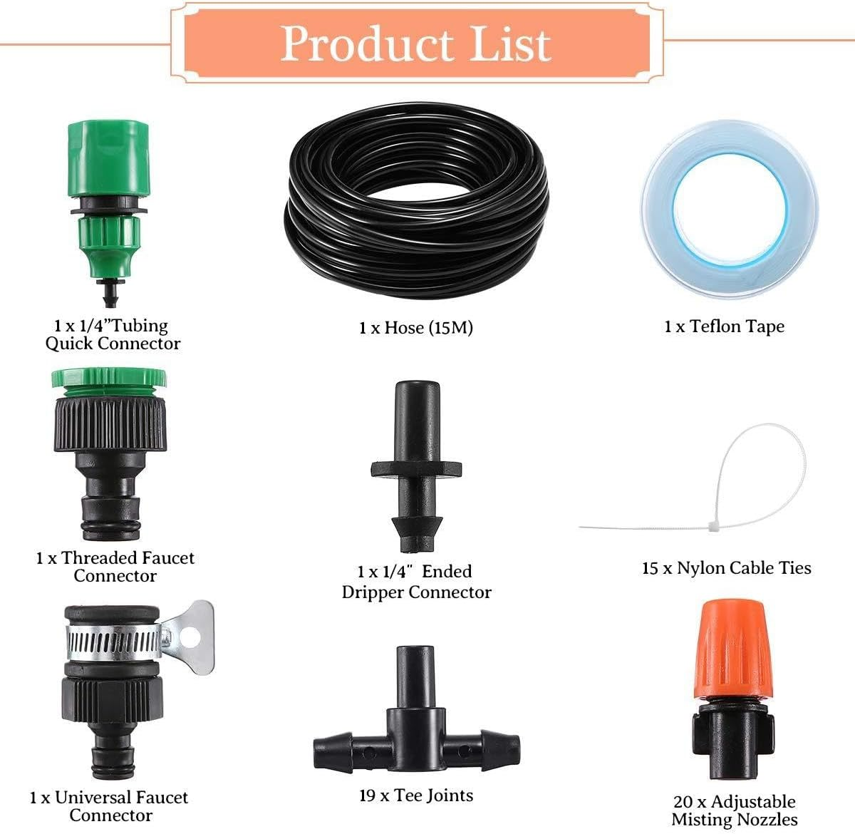 Garden Patio Water Mister Air Misting Cooling Micro Irrigation System Sprinkler (15M & 15 Dripper-Heads)