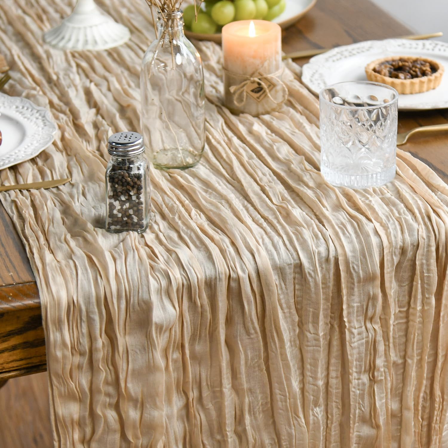 Usinynia 2 Packs Chiffon Table Runner Boho Cheesecloth Gauze Table Runners Wrinkle Boho Rustic Tablecloth for Wedding Valentines Party Romantic Table Decoration (Khaki,90X300Cm)