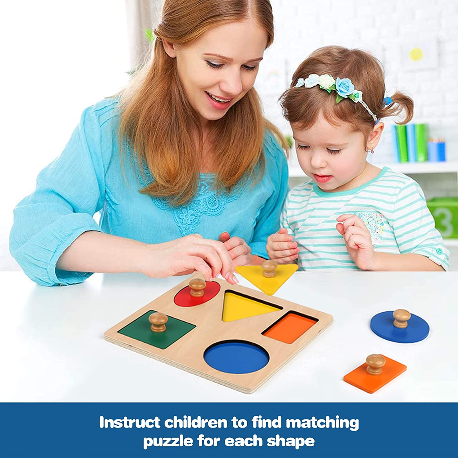 Montessori Wooden Puzzle Board Knob Wooden Puzzle Geometric Shape Puzzle Early Education Material Sensorial Toy for Toddler Shape & Color Sorter image number 6