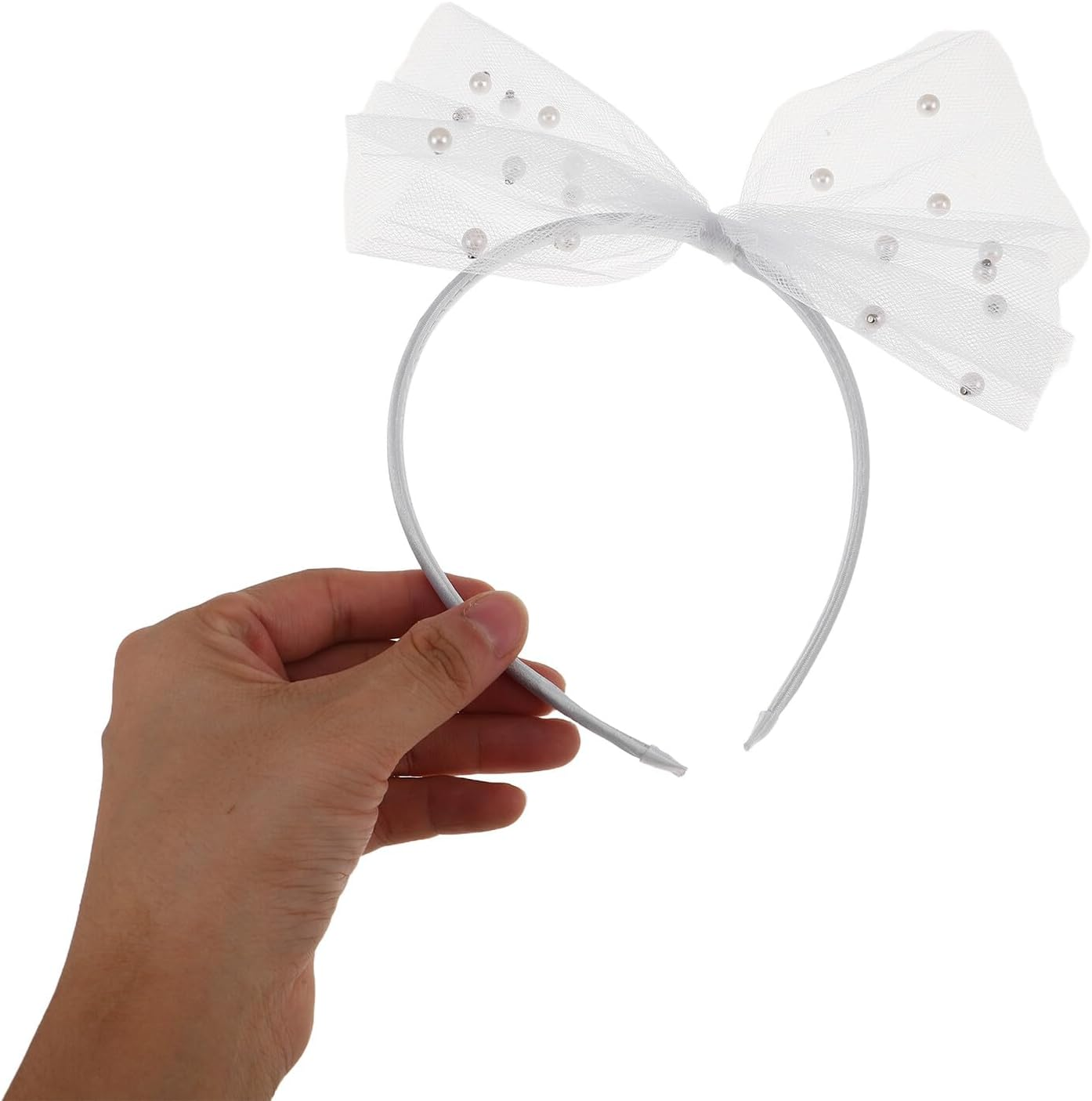 LIFKOME Tulle Bowknot Hairband Bead Embellishments White Bow Headband for Women and Party Wedding Hair Accessories image number 1