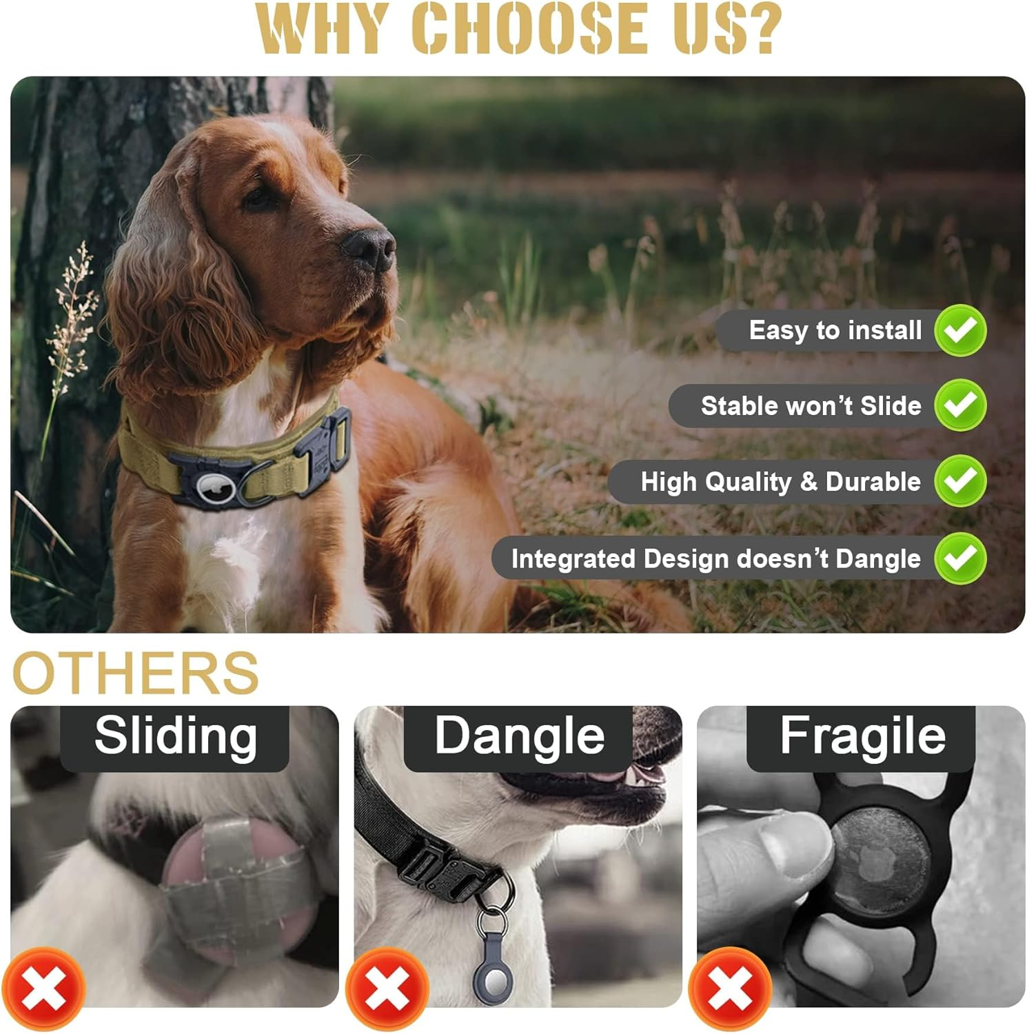 For Airtag Dog Collar - Tactical, Heavy Duty, Adjustable GPS Dog Collar Compatible with Airtag, with Holder & Control Handle for Medium/Large Dogs, Double Locking Metal Carabiner [Brown, image number 4