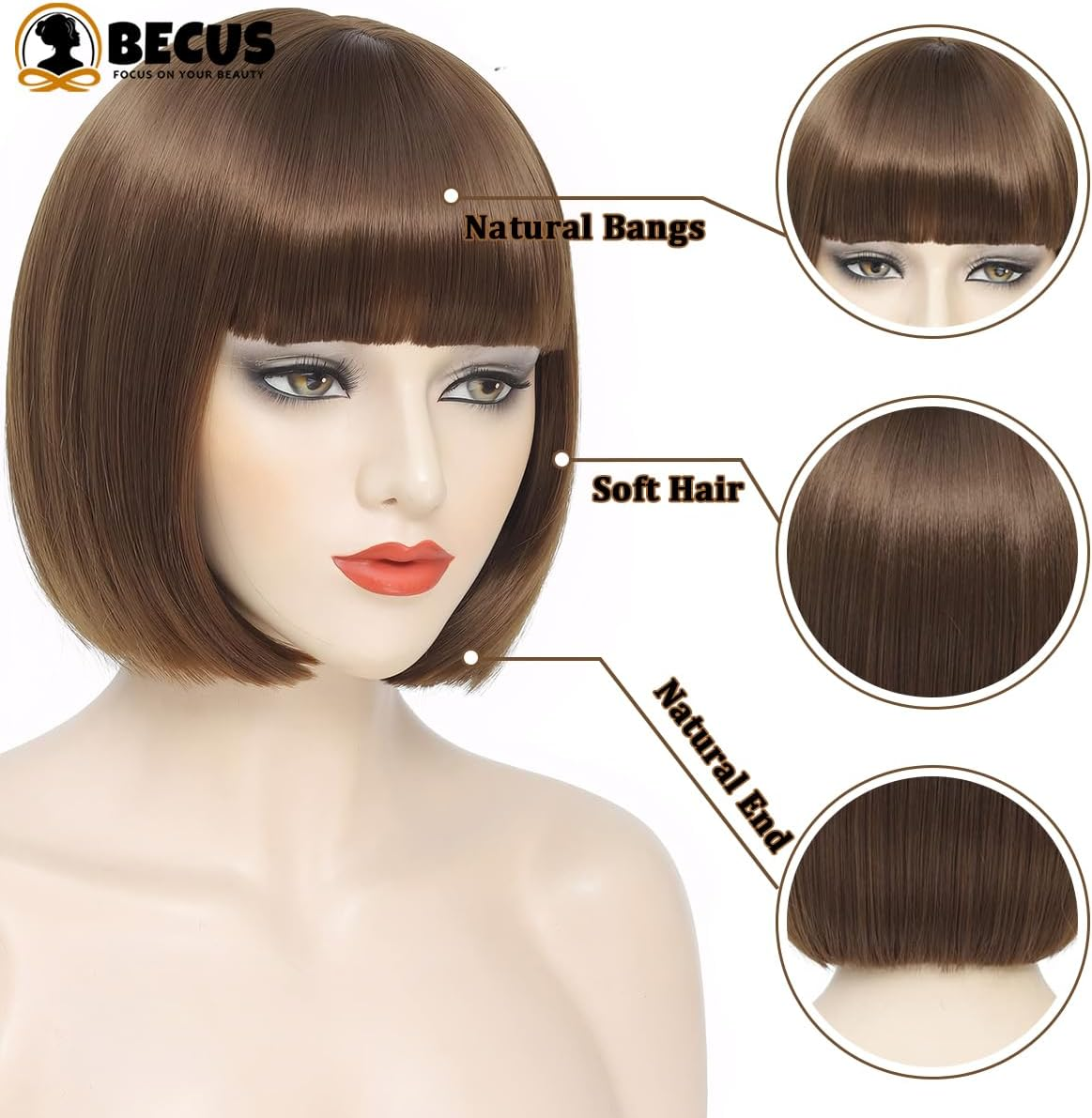 BECUS Short Brown Bob Wig with Bangs,Brown Straight Bob Wigs for Women,Brown Bob Wig Heat Resistant Fiber for Cospaly - Pink image number 3