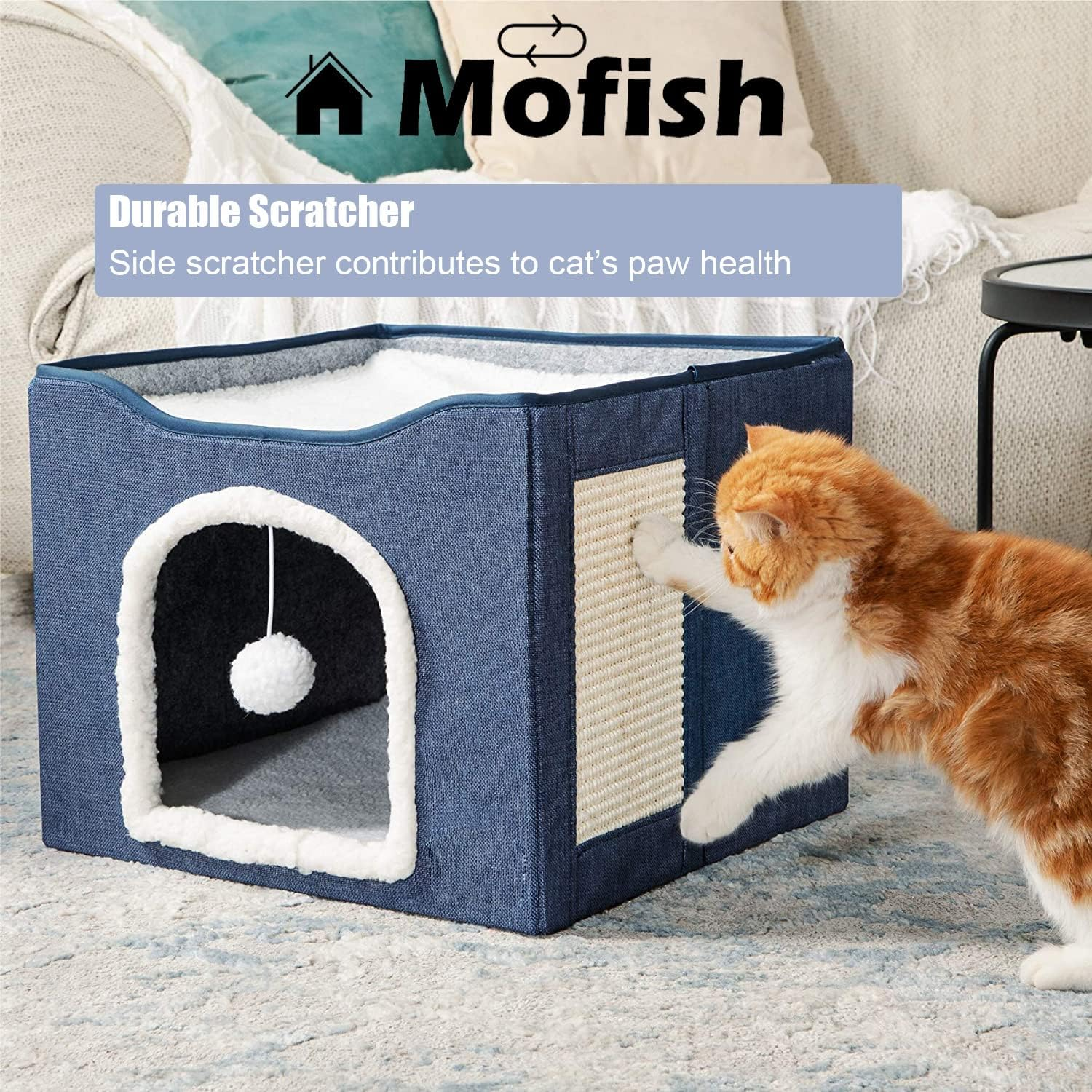 Mofish Cat Beds for Indoor Cats,Large Pet Cat Cube House Foldable with Ball Hanging and Scratch Pad,Soft and Self Warming Cat Cando Cave & Furniture,Kitten Shelter with Warm Plush Bed image number 4