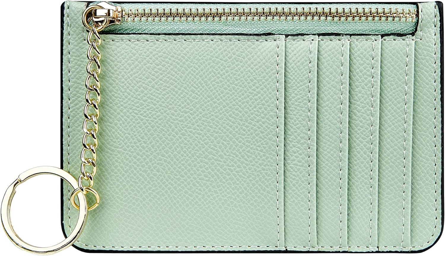 Women'S Leather Slim Minimalist Card Holder Case Zipper Changes Coin Front Pocket Wallet with Keychain, Green, Casual