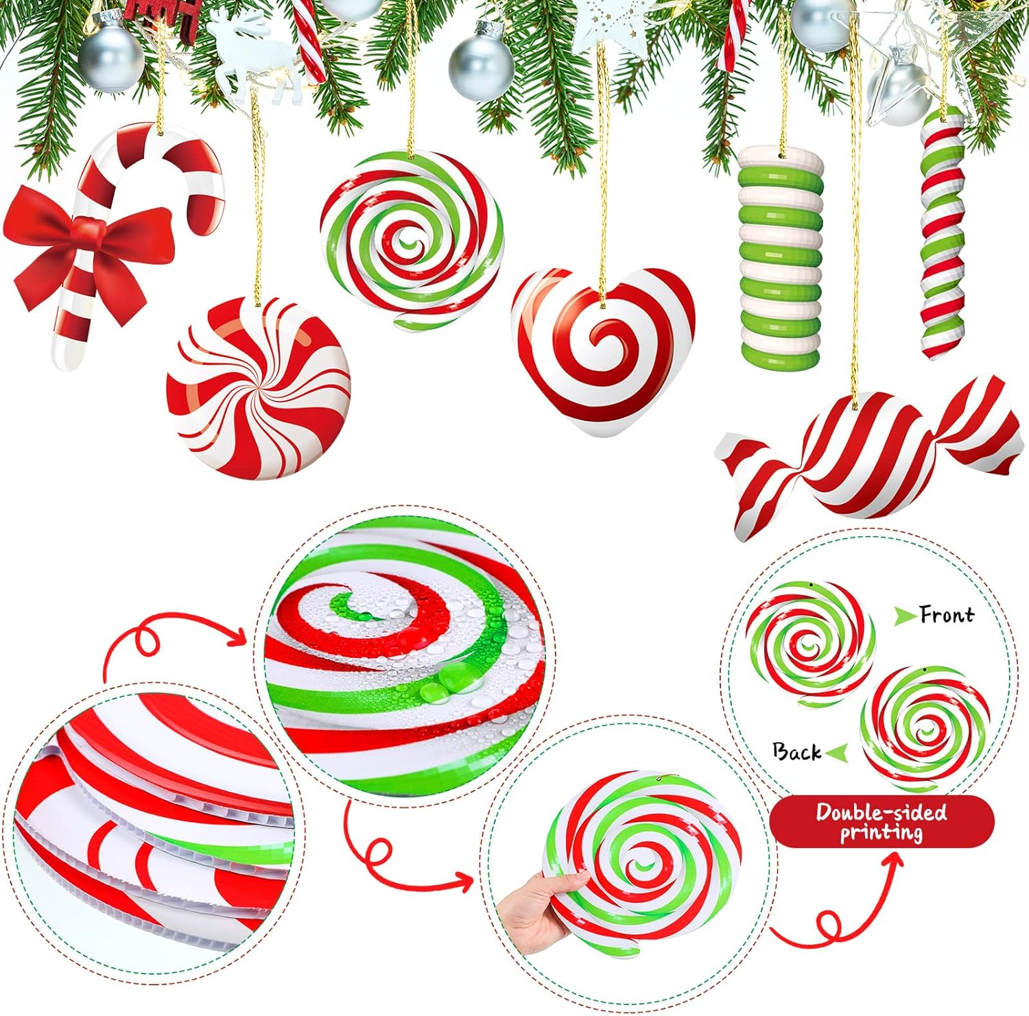 20 Pcs Christmas Yard Signs Ornaments Double Sided Christmas Peppermint Candy Hanging Ornaments Christmas Large Candy Yard Decorations Christmas Tree Decorations for Candy Party Outdoor Yard Decor image number 3