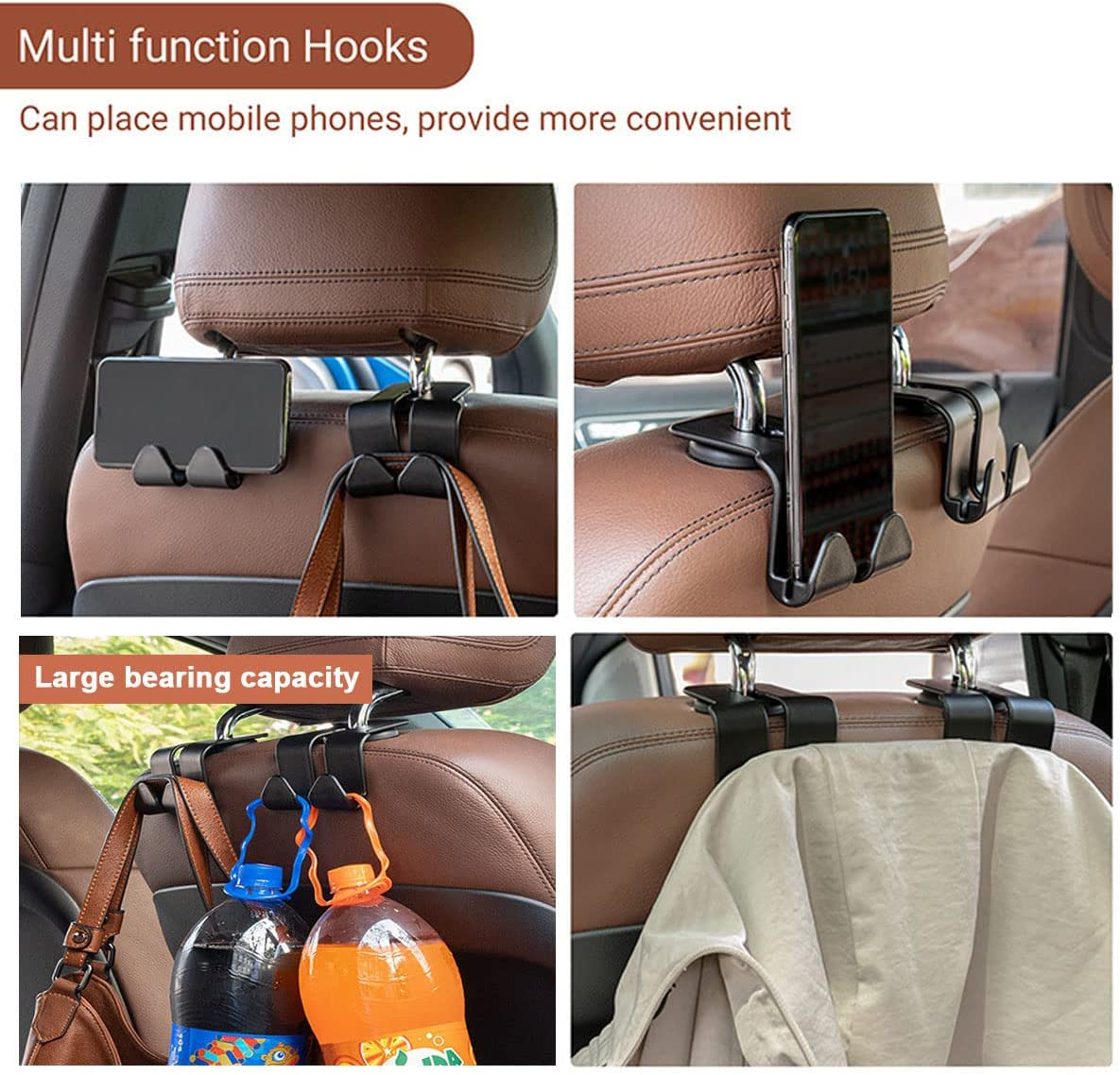 2 Pcs Car Seat Hook,2 in 1 Vehicle Headrest Hooks for Purse,Multi-Functional Mobile Phone Bracket,Durable Organizer for Hanging Grocery Bags in Car image number 2