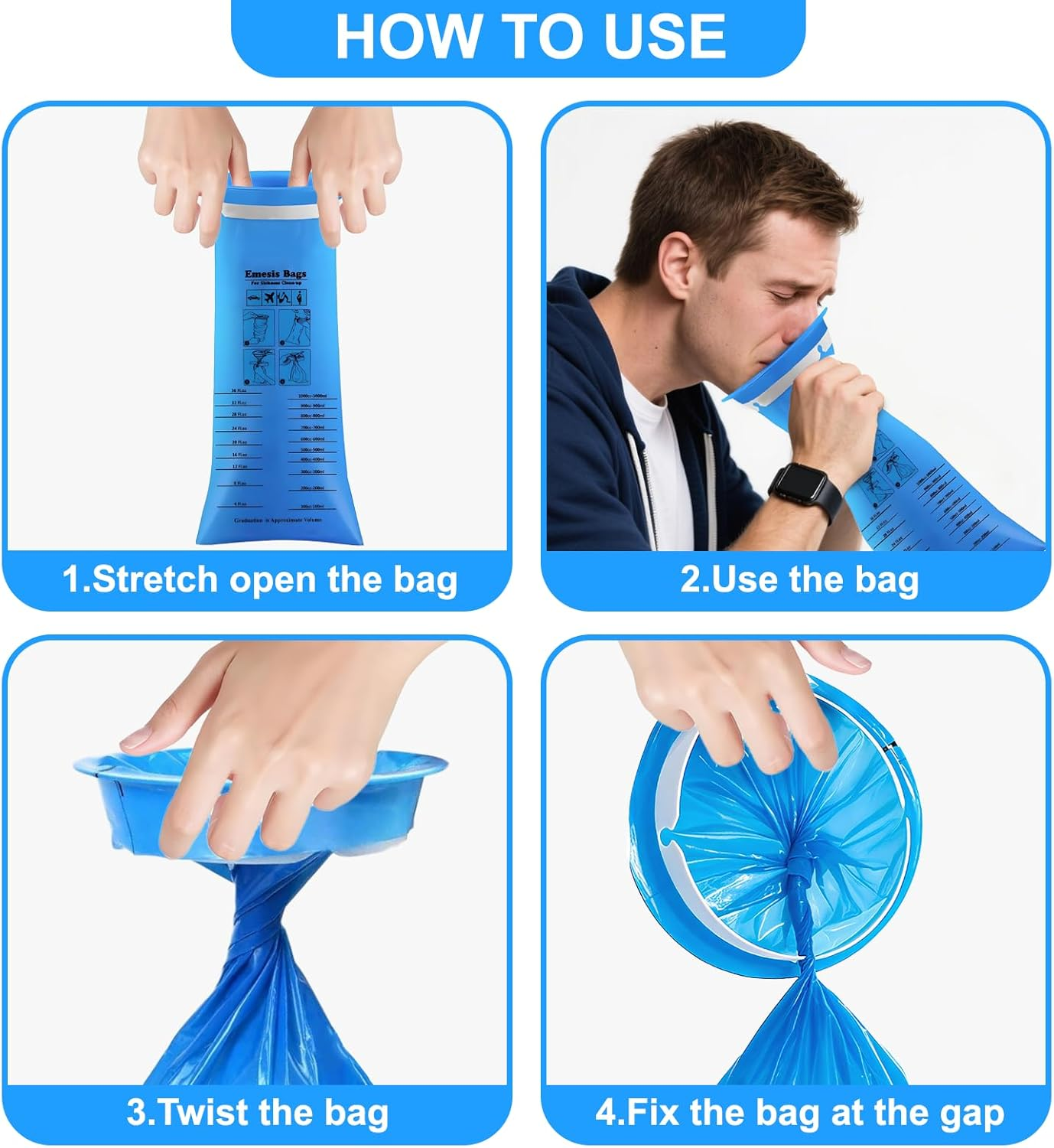 ROOBUCK 30 Pack Disposable Vomit Bags &ndash; 1000Ml Emesis Bag, Leak-Proof and Odor Control for Travel, Car, Motion Sickness, and Emergency Use image number 2