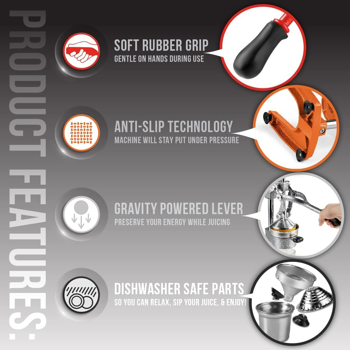 Homodoskey Cast Iron Citrus Juicer | Extra-Large Commercial Grade Manual Hand Press | Heavy Duty Countertop Squeezer for Fresh Orange Juice (Bonus Stainless Steel Cup) (Gray) - Gray image number 4