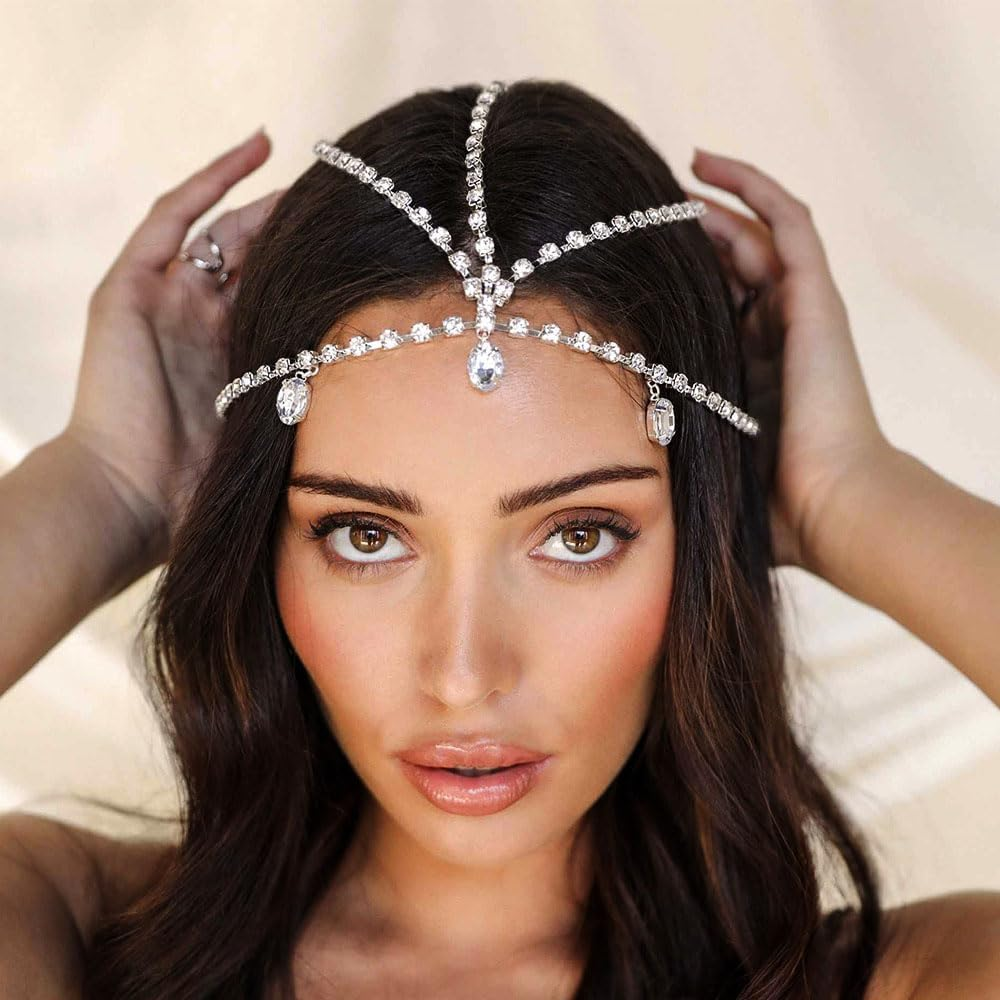 Fdesigner Crystal Head Chain Wedding Headpieces Rhinestone Bride Hair Jewelry Boho Party Teardrop Headband Hair Accessories for Women and Girls (Silver-Boho) image number 2