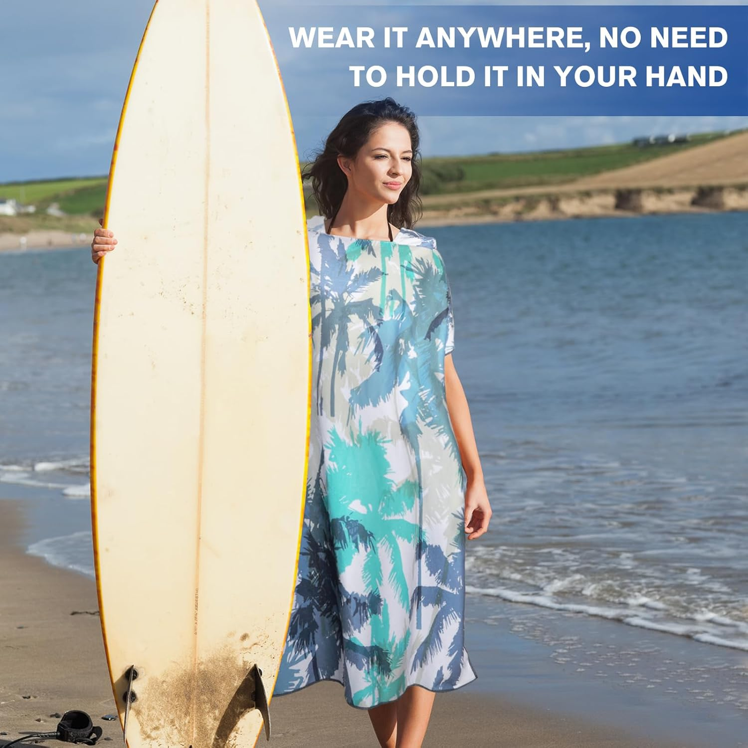 Queenshin Extra Large Coconut Tree Hooded Beach Towel, Quick Dry Microfiber Adults Poncho Changing Pool Towel Robe 35 X 40 Inch image number 1