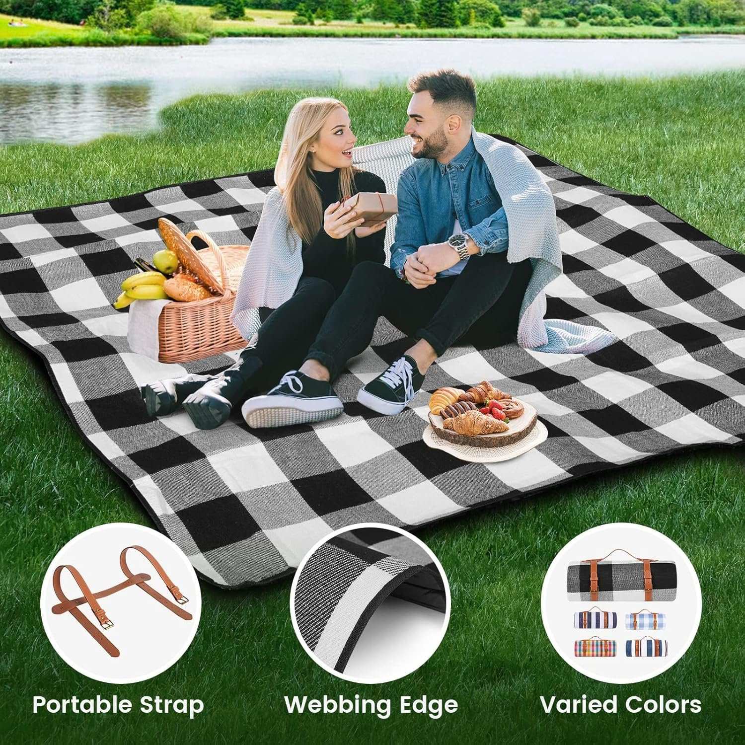 Waterproof Picnic Blanket Portable with Carry Strap, 200X200Cm Extra Large Foldable Compact Beach Blanket for Spring Summer Camping, Park, Travel Grass