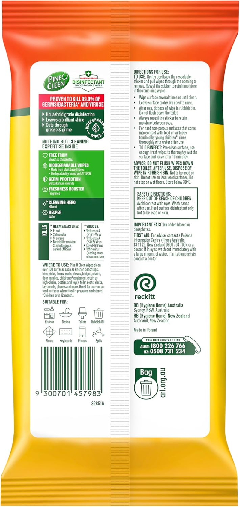 Pine O Cleen Disinfectant Wipes Lemon Lime 450 Pack (3 X 150) image number 3