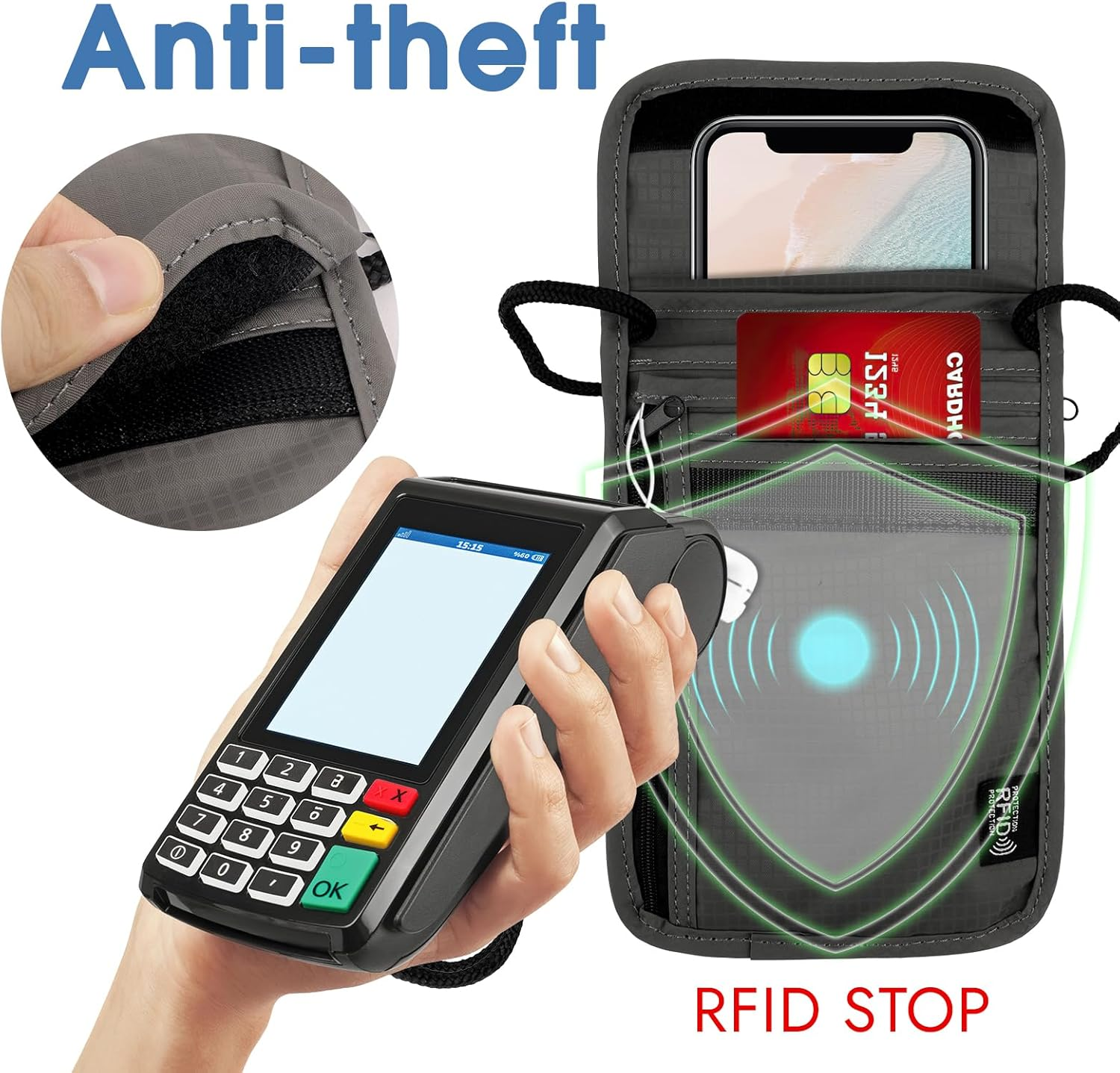 Neck Pouch with RFID Protection, Anti-Theft Unisex Travel Purse, Waterproof Black Mobile Phone Shoulder Bag Men, Neck Pouch Boys for Passport, Credit Cards, Smartphone, Coins, Money, Gray, Anti-Theft image number 5