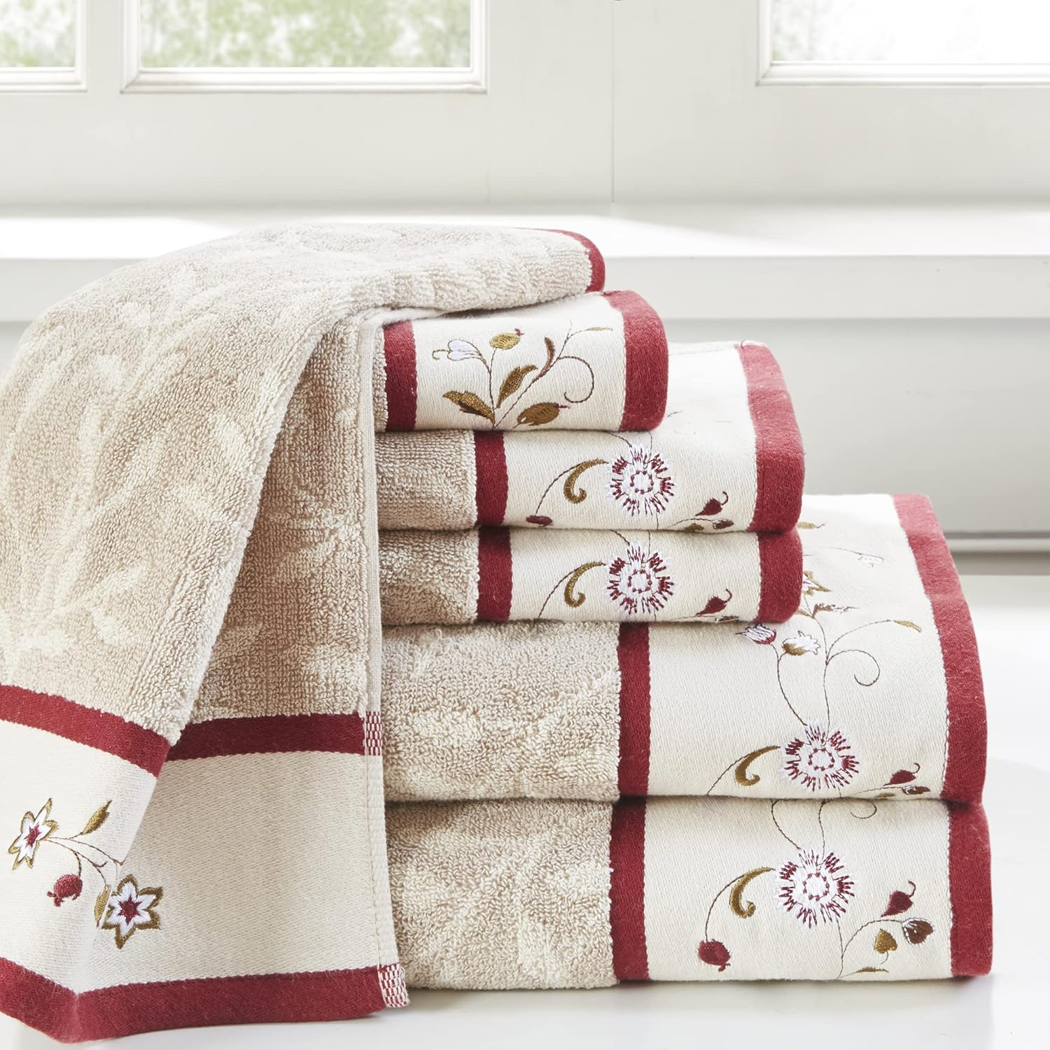 Madison Park Serene 100% Cotton Bath Towel Set Luxurious Floral Decorative Towels for Bathroom Embroidered Cotton Jacquard Design Soft Highly Absorbent for Shower 600 GSM, Multi-Sizes, Red 6 Piece image number 1