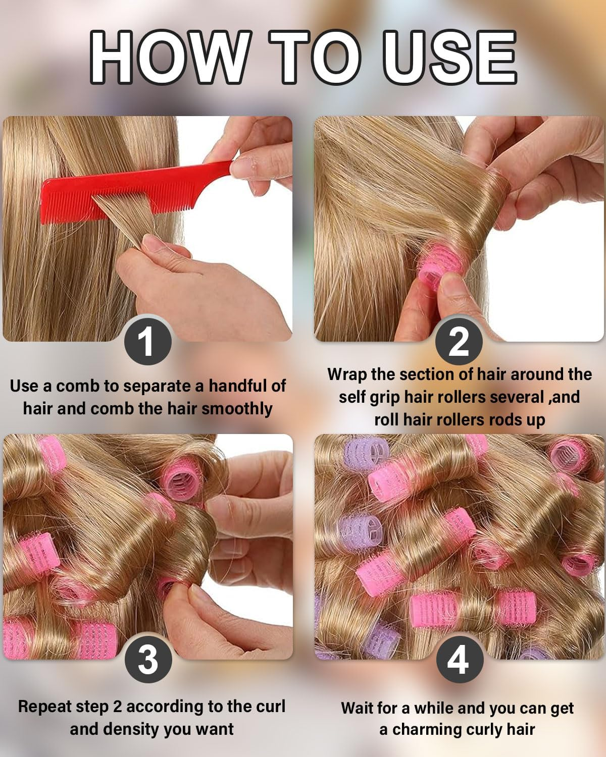 TPZORJX 37 Pieces Manual Hair Rollers Self Adhesive Hair Rollers Salon Barber Shop Rat Tail Combs DIY Curlers with Steel Tip Comb (Black) image number 3