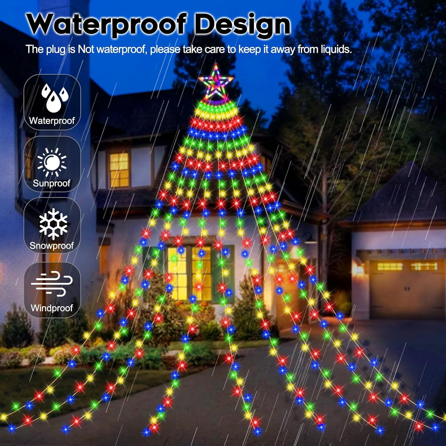 Outdoor Christmas Decorations Lights - Christmas Waterfall Star Lights with Star Toppers & SAA Approved Adapter, Multi-Color 8 Modes Lights Gifts for Yard Patio Holiday Xmas Decorations