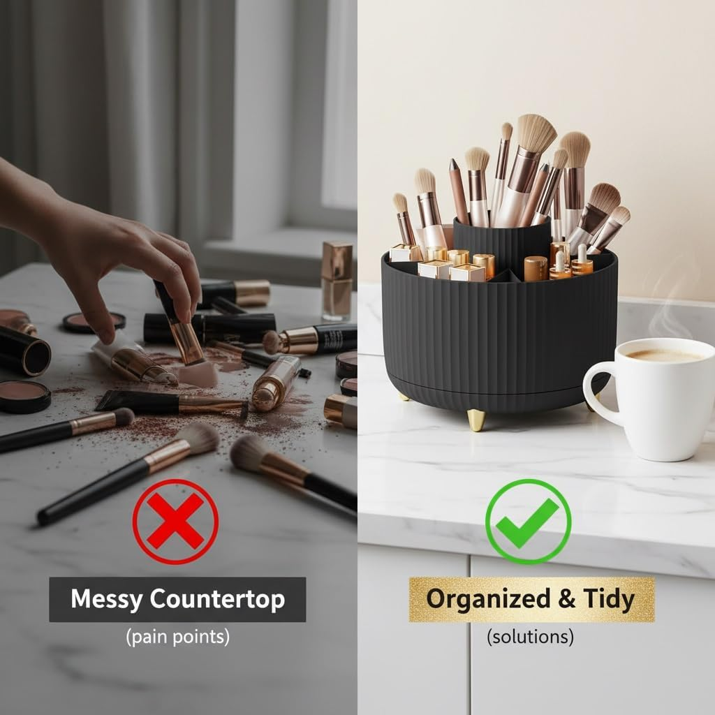 Spinning Makeup Brush Holder, 360&deg; Rotating Makeup Brush Organizer with 5 Slots, Large Capacity Cosmetic Storage Cup for Makeup Brushes, Lipsticks, Nail Polish, Bathroom Vanity Organizer(Black) image number 6