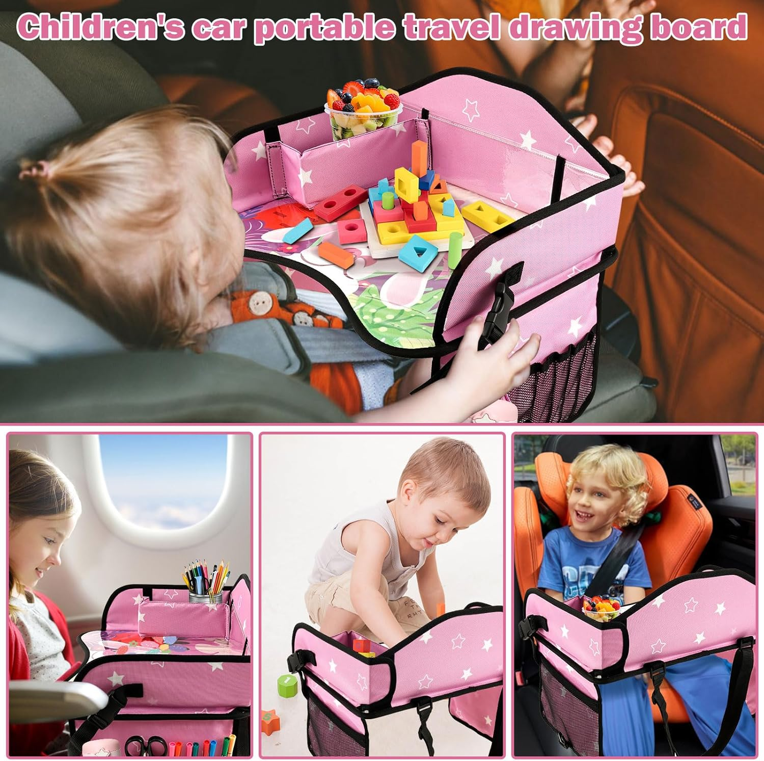 Kids Travel Tray, Portable Waterproof Kids Road Trips Car Seat Tray with Padded Shoulder for Road Trip Activities and Airplane Use​ 43.6X33X25Cm (Pink) - Pink image number 5