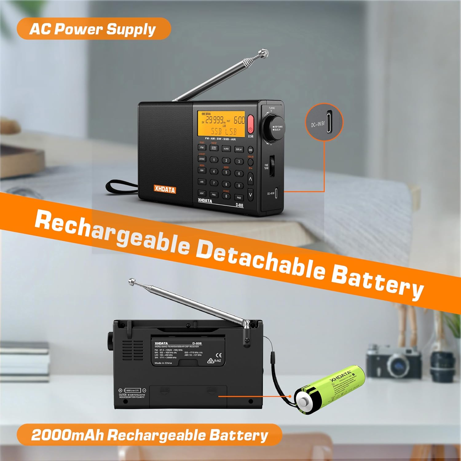 XHDATA D-808 Portable Digital Radio FM SW MW LW SSB RDS DSP Air Band Radio Alarm Clock Receiver with ATS Mode LCD Display and Stereo Sound for Parents Black image number 1