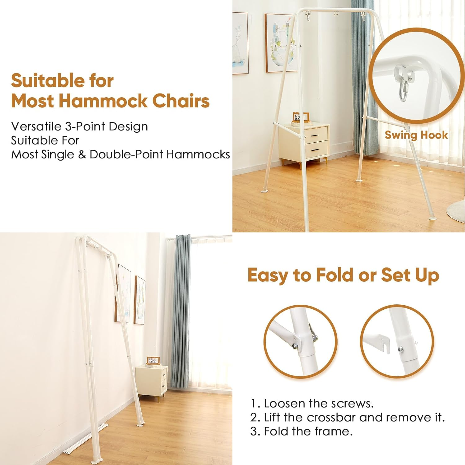 Foldable Hammock Stand, Portable Hammock Chair Stand, 300 Lbs Capacity, Heavy Duty Folding Hammock Frame for Indoor or Outdoor, Easy to Assemble & Store (Hammock Chair Not Included) - White image number 3