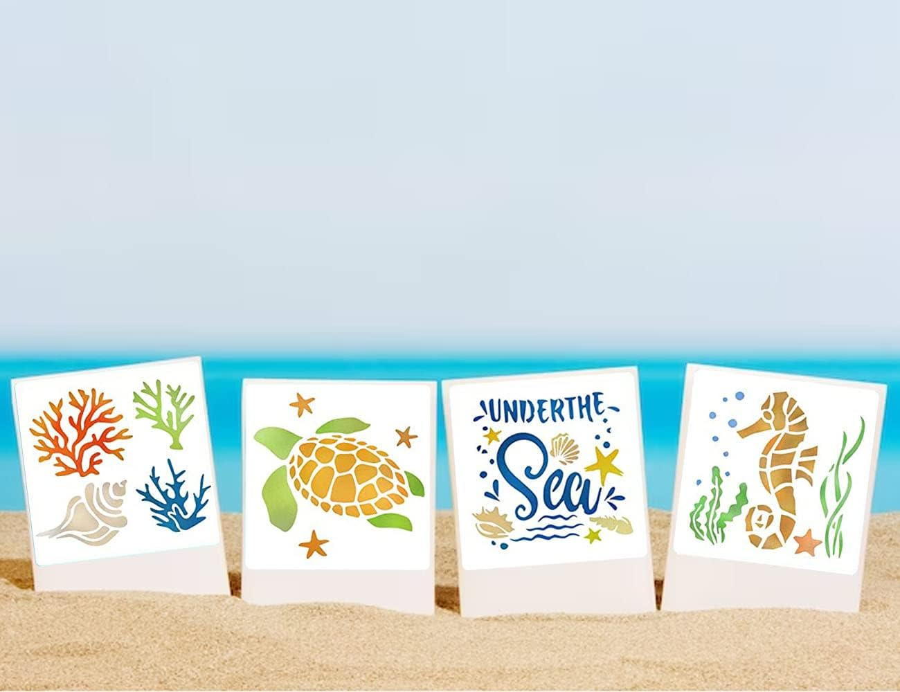 Stencils for Painting Ocean Theme, Reusable Sea Creature Mermaid Stencil Template for Painting on Wood, Wall, Scrapbook (White) image number 1