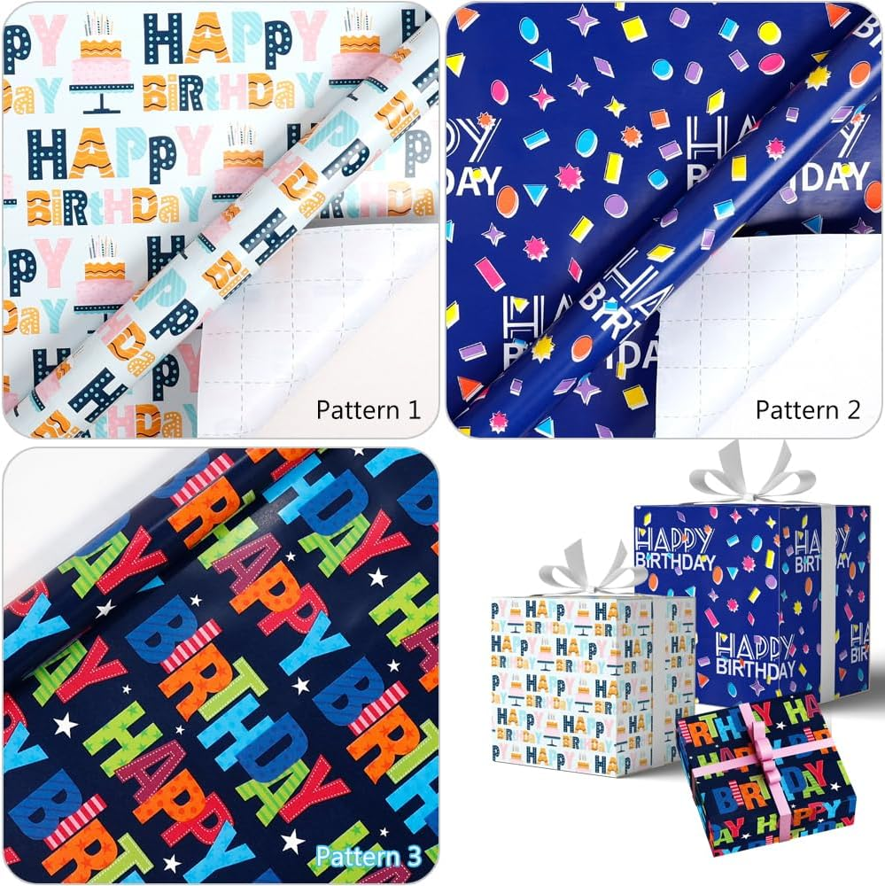RINGSUN Birthday Wrapping Paper Roll, 3-Rolls 43X300Cm Happy Birthday Gift Wrapping Paper and 2-Rolls Band - Ideal for Boys & Girls Presents image number 2