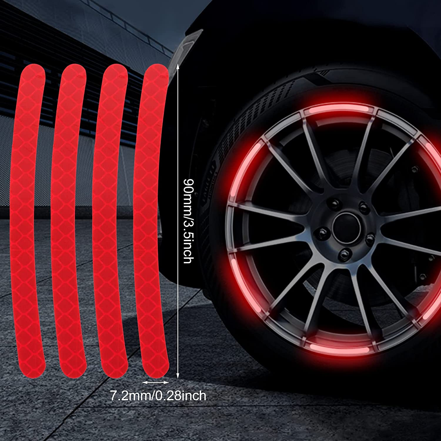 OIIKI 80PCS Reflective Car Wheel Rim Stickers, Wheel Adhesive Strips Stickers, Fluorescent Reflective Exterior Accessories Decorative Decals Tape for Car, Motocycle, Bicycle-Green, White, Blue, Red image number 4