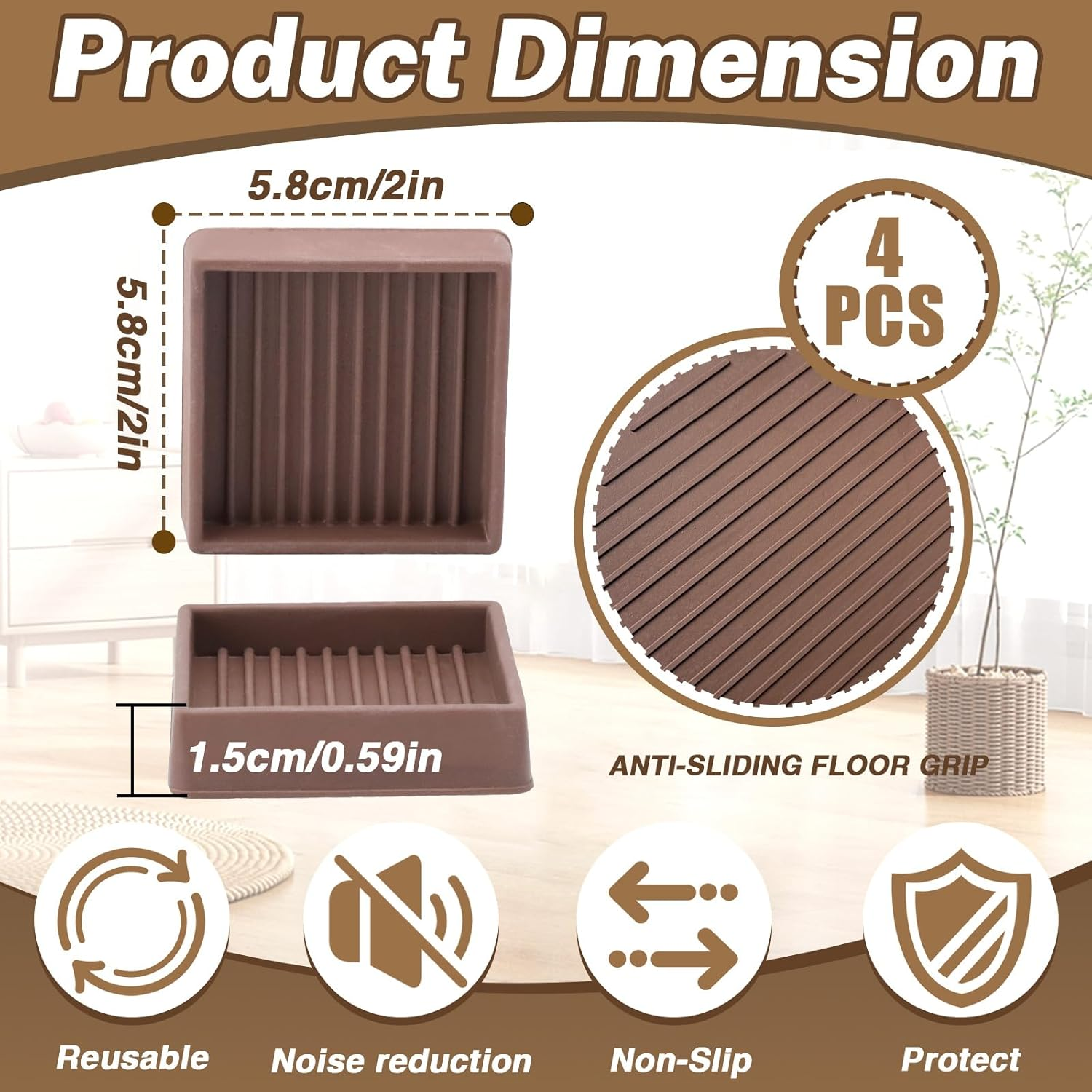 4 Pieces Furniture Coasters, Non Slip Furniture Pads for Hardwood Floors, Bed Stoppers to Prevent Sliding, Rubber Stoppers for Furniture (Brown, 2X2 Inches)