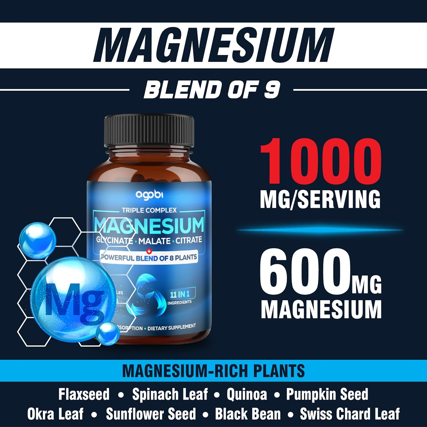 11In1 Magnesium Glycinate Chelate Complex with Magnesium Malate Powder, Pure Magnesium Citrate, Black Bean & Others - 90 Capsules image number 2