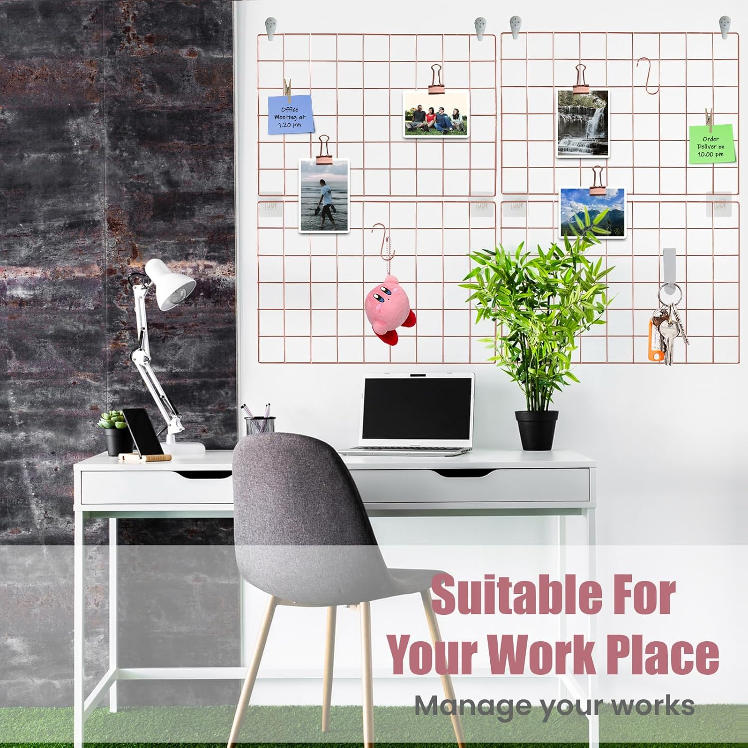Metal Grid Wall Panel, Photo Display Organizer, 17.3"&times;11.8" Rose Gold Wire Board, Picture Frame, 4-Pack Mesh Memo Board with Clips and Hooks image number 7