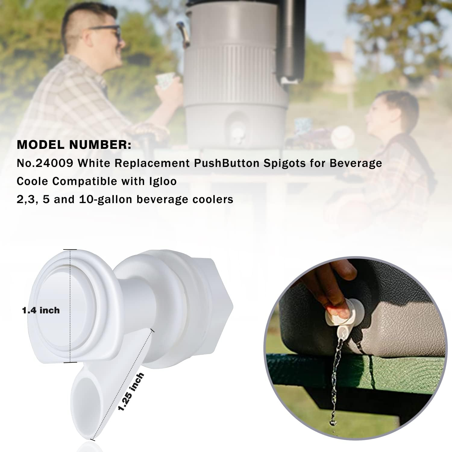 Upgrade Push-Button Cooler Spigot Replacement, Compatible with Igloo 2, 3, 5 and 10 Gallon Beverage Coolers, Durable Water Cooler Spigot for 2-10 Gallon Water Jugs Replacement Part - 30 Pcs White image number 2