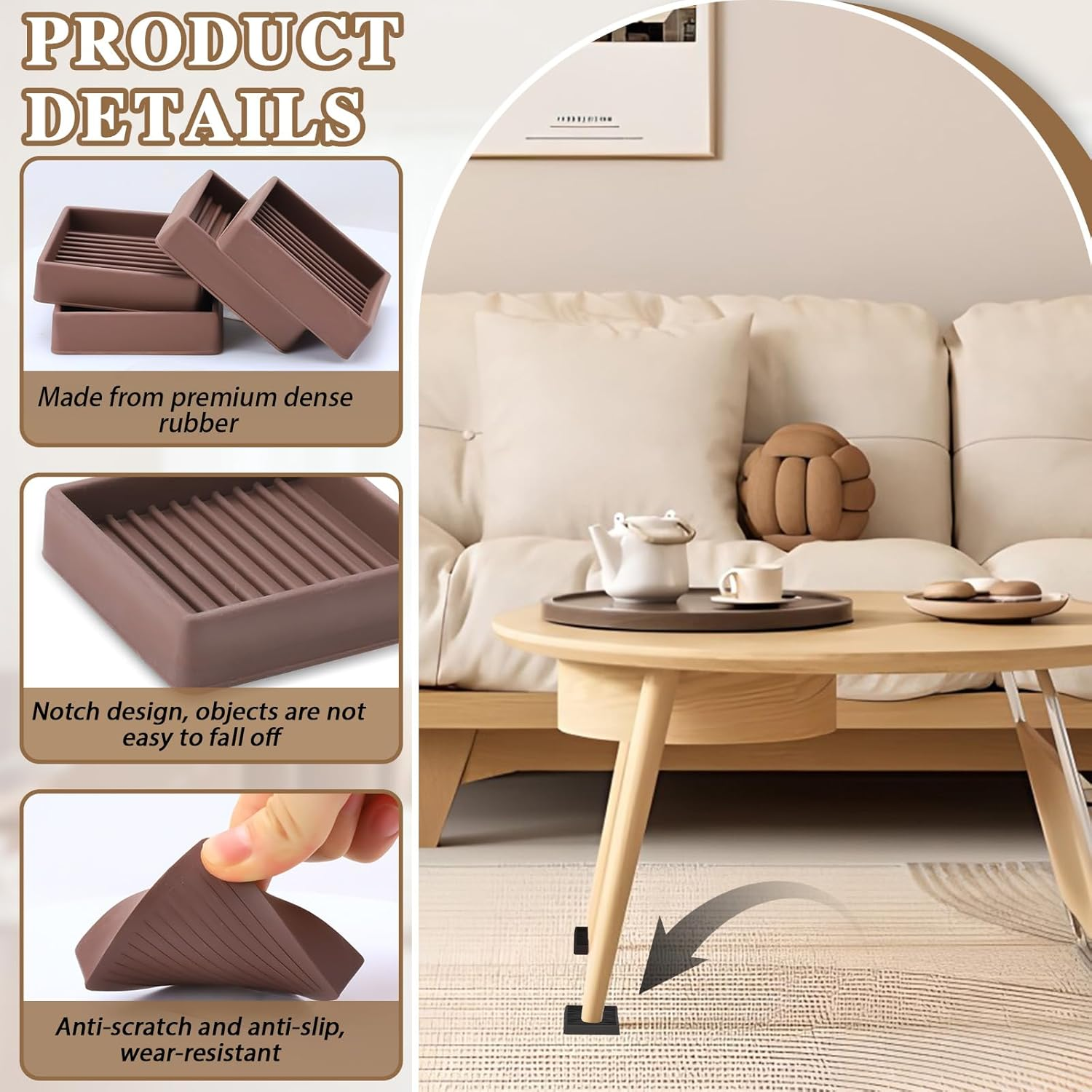 4 Pieces Furniture Coasters, Non Slip Furniture Pads for Hardwood Floors, Bed Stoppers to Prevent Sliding, Rubber Stoppers for Furniture (Brown, 2X2 Inches) image number 3
