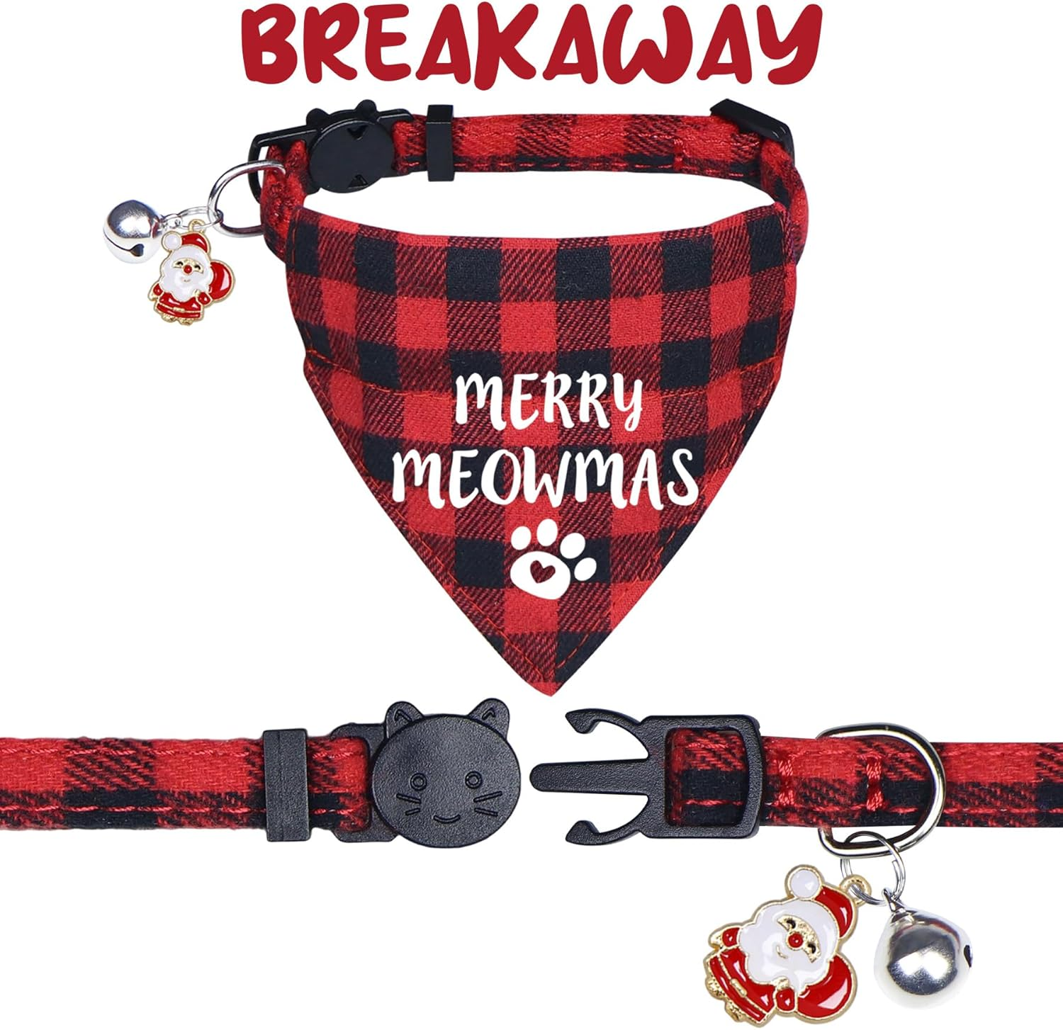 STMK 2 Pack Christmas Cat Bandana Collar with Bell, Breakaway Holiday Cat Kitten Bandana Collar with Bell Santa Christmas Tree for Christmas Cats Costumes Outfits (Merry Meowmas & Santa'S Favorite) image number 4