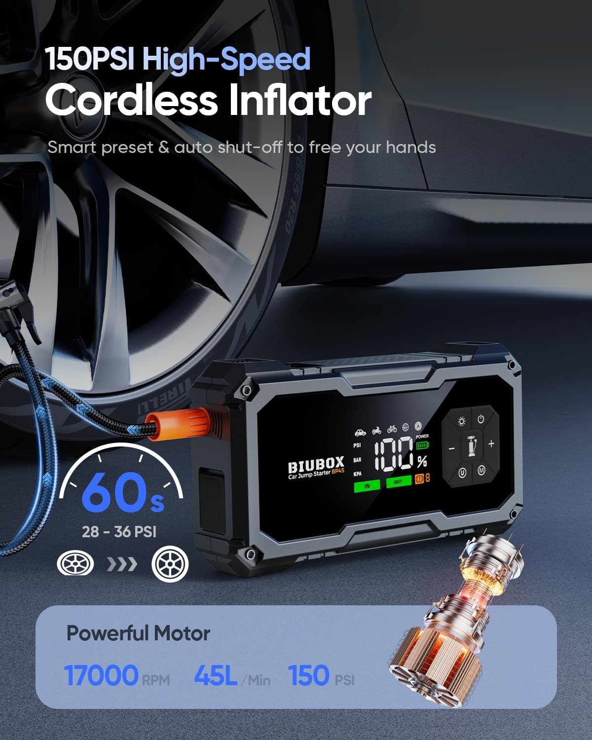 Car Jump Starter with Air Compressor, Biubox 4500A 150PSI Portable Car Battery Jump Starter for 10L Gas /9L Diesel, 12V Car Jump Starter Power Bank Charger with Tyre Inflator, LED Display, 500Lm Light image number 4