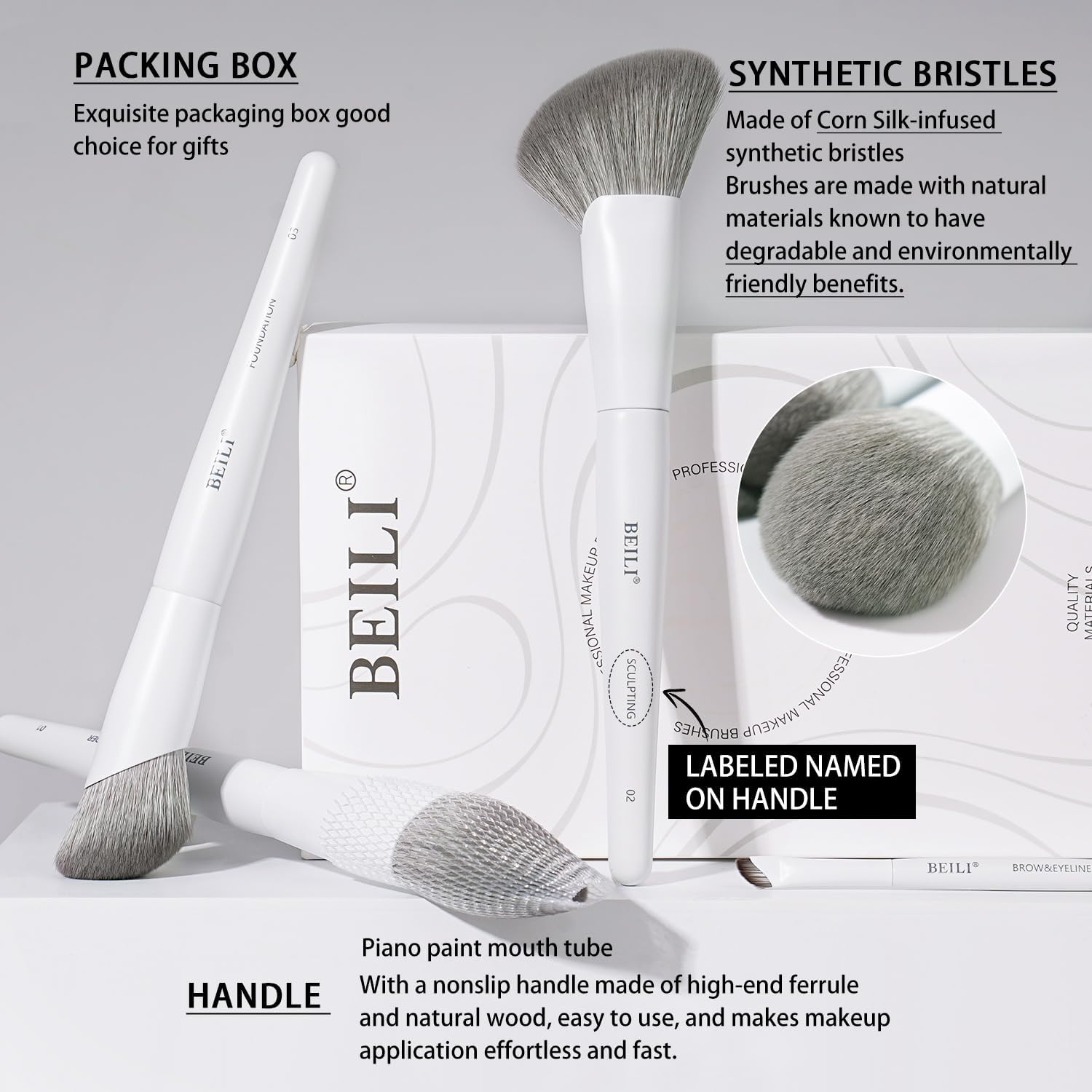 BEILI Makeup Brush Set,White Makeup Brush Set, 12 Vegan Makeup Brushes for Powder Foundation, Concealer, Eyebrows, Eyeshadow, Contour, Eyeliner, Blender Eye Brush (White) image number 2