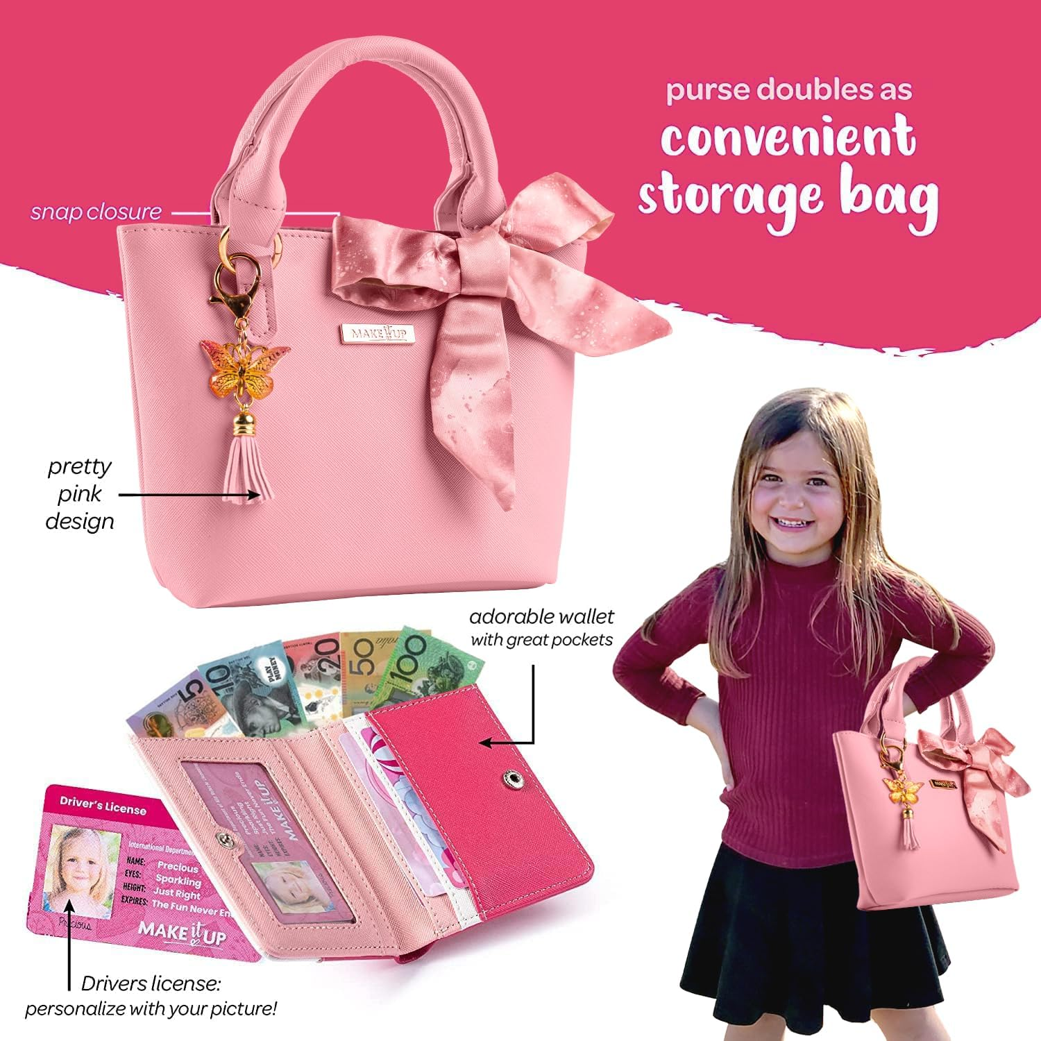 Pretend Play Kids Purse and Makeup Toy with Princess Pretend Makeup Smartphone Wallet Keys Credit and VIP Cards (Australian) image number 2