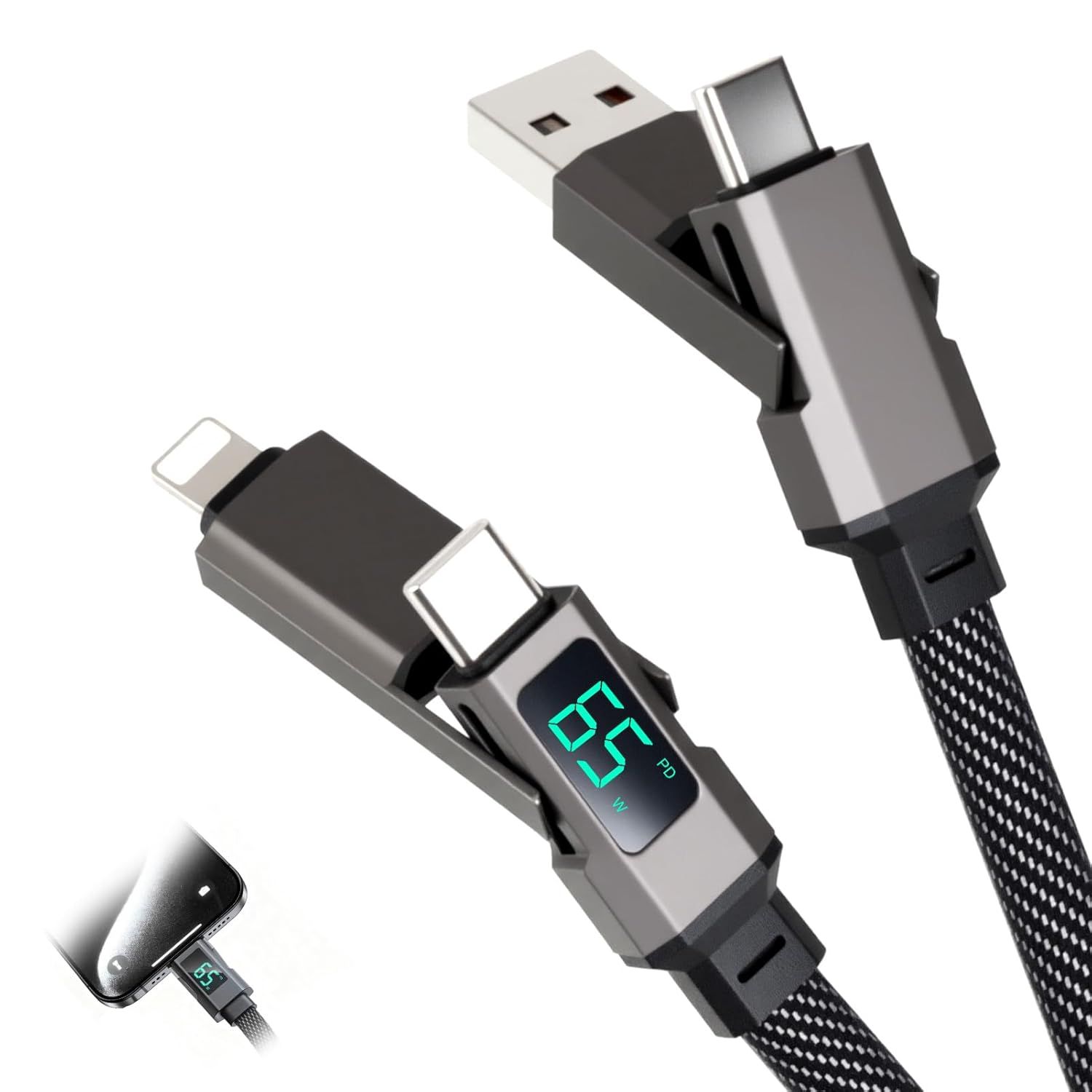 Havenease- 65W 4-In-1 Fast Charging Cable with LED Display USB C to Lightning and USB a Cable Compatible with Iphone 16 15 Pro Max Galaxy S23 Ipad Macbook Air 1.5M