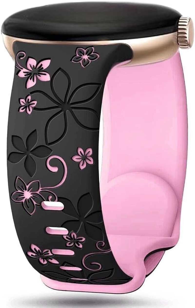 Two-Tone Floral Engraved Band Compatible with Google Pixel Watch 3 2 1 41Mm/ Pixel 3 45Mm, Flower Soft Silicone Sport Strap for Pixel Watch 3 2 1 Women Men